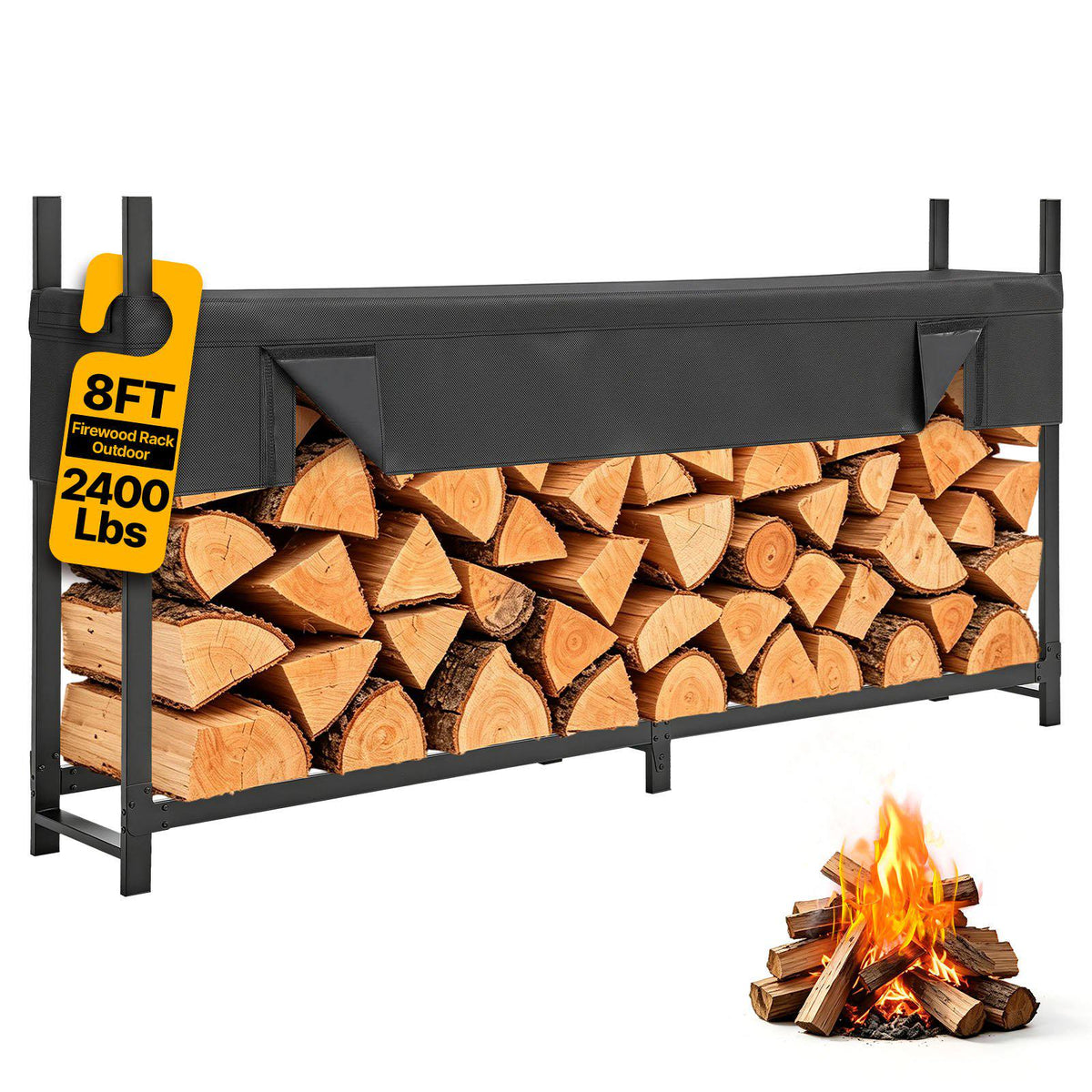 Firewood Rack with Waterproof Cover 8ft 1/2 Cord Outdoor Wood Storage, for Fireplace Patio Deck, 2400 lbs Load Capacity Heavy Duty Fire Log Holder Stacker Stand, Metal Wood Pile Organizer, Black