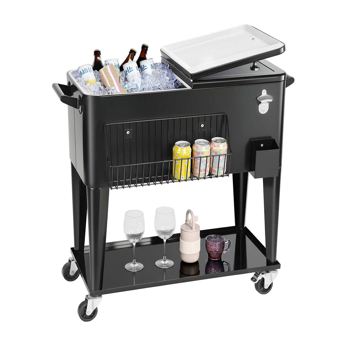 80 Quart Rolling Ice Chest, Holds up to 50 Bottles / 110 Cans, Portable Patio Party Bar Drink Cooler Cart with Bottom Shelf, Beverage Pool with Side Basket and Bottle Opener, Black