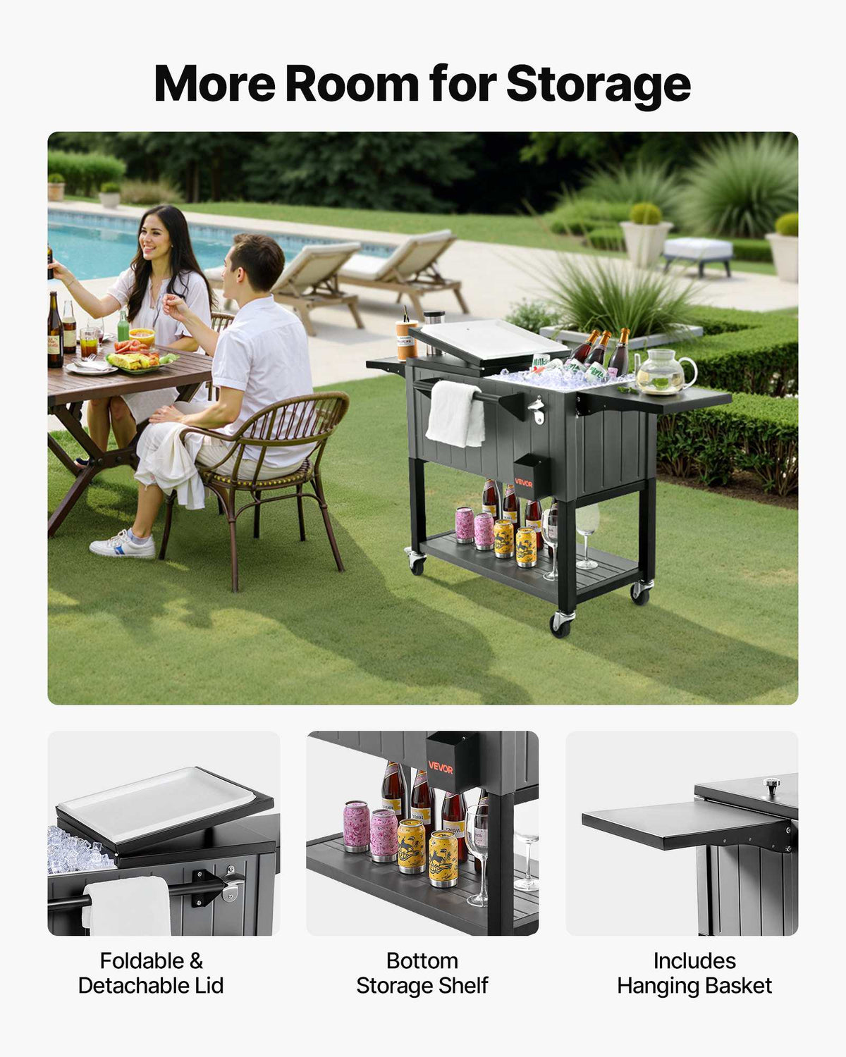 80QT Rolling Ice Chest, Holds up to 50 Bottles / 110 Cans, Portable Patio Party Bar Drink Cooler Cart with Bottom Shelf & Foldable Side Shelves, Beverage Pool with Swivel Wheels & Bottle Opener