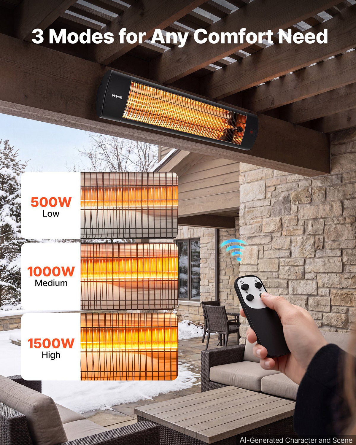Infrared Heater 1500W Electric Space Heater 3 Heat Settings Black, with Remote Control for Outdoor Use, 24 Hours Timer, Premium Aluminum Alloy, Even Warmth for Patios, Backyards, and Balconies