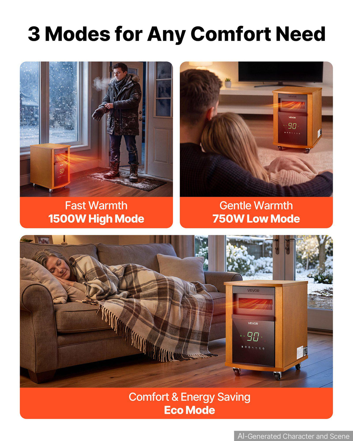 Infrared Heater 1500W Electric Space Heater with Remote Control, 3 Heat Settings, 12H Timer, Overheat Shutoff, Portable Wheels, Premium MDF, for Indoor Bedrooms, Offices, Studies, Light Wood