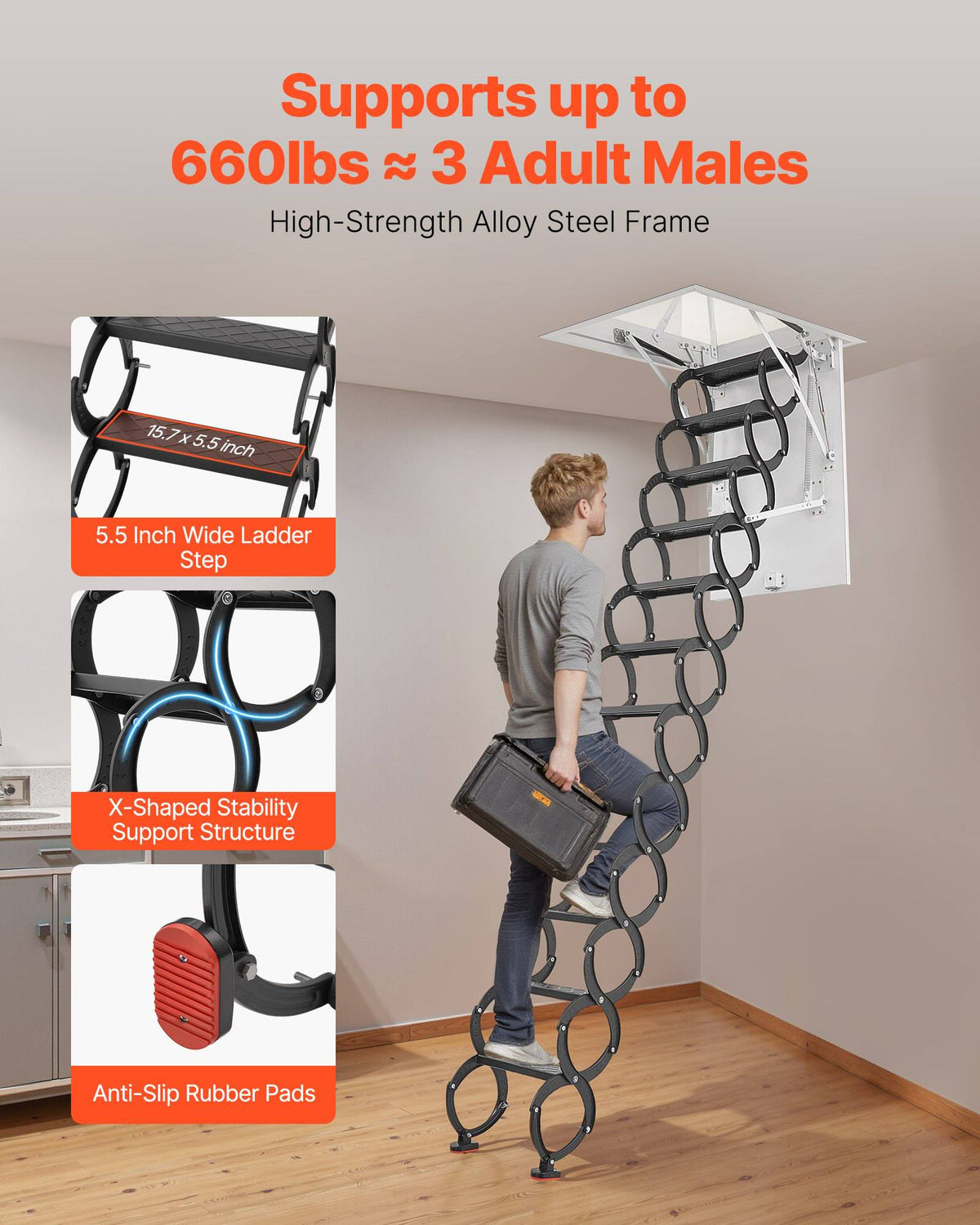 Attic Ladder, 660LBS/299.4KG Capacity, Fits 9.5 to 10.2 ft Ceiling Height and 39.4 x 27.5 inch Opening Size, Alloy Steel Pull-Down Retractable Ceiling Stair with Pulling Rod for Attic Loft Roof