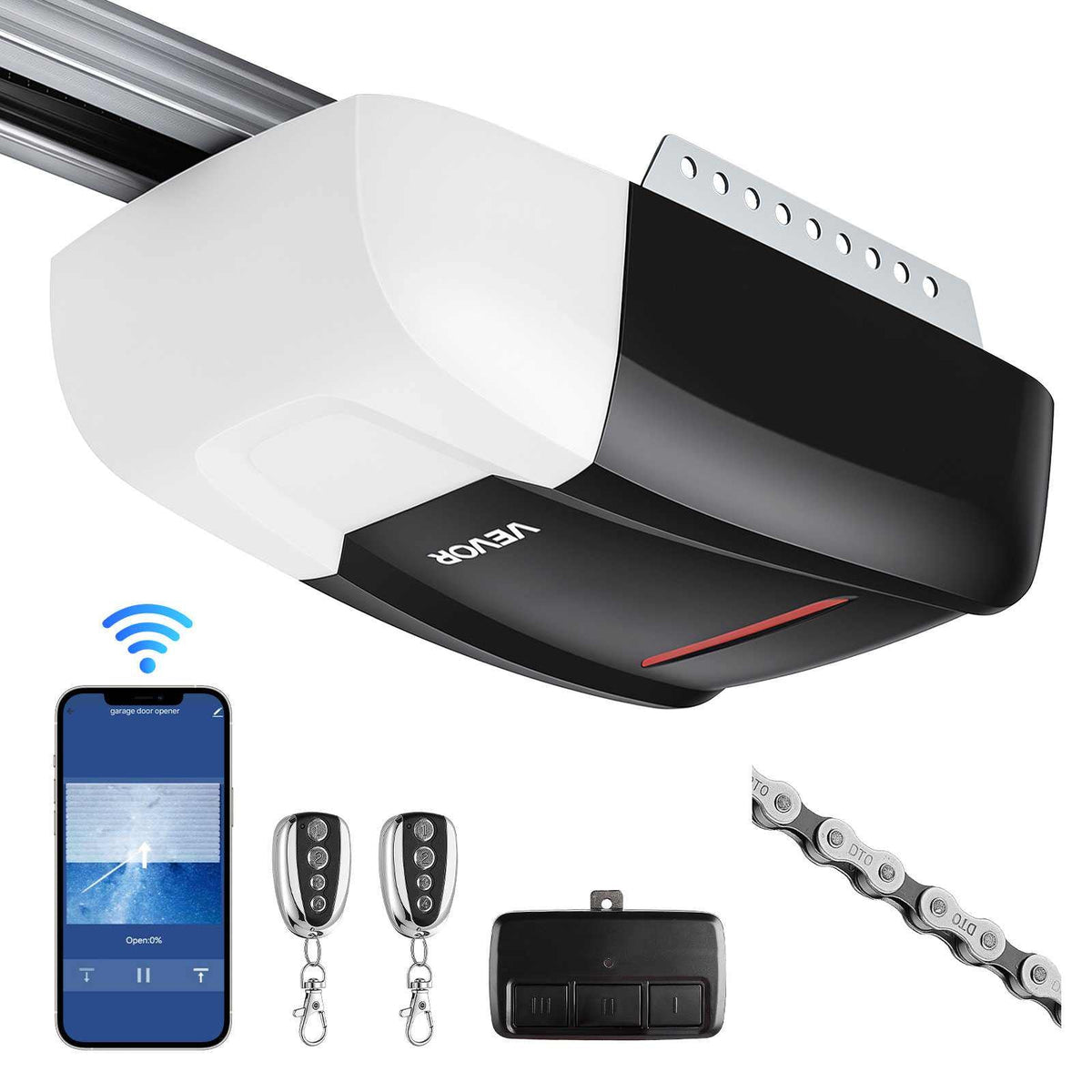 Garage Door Opener 3/4 HP Heavy Duty Chain Drive WiFi Smart Opener, for Residential Garage, Includes Durable Rail, 3 Remotes, Smartphone App Control, Obstacle Sensor & LED Light, Black & White