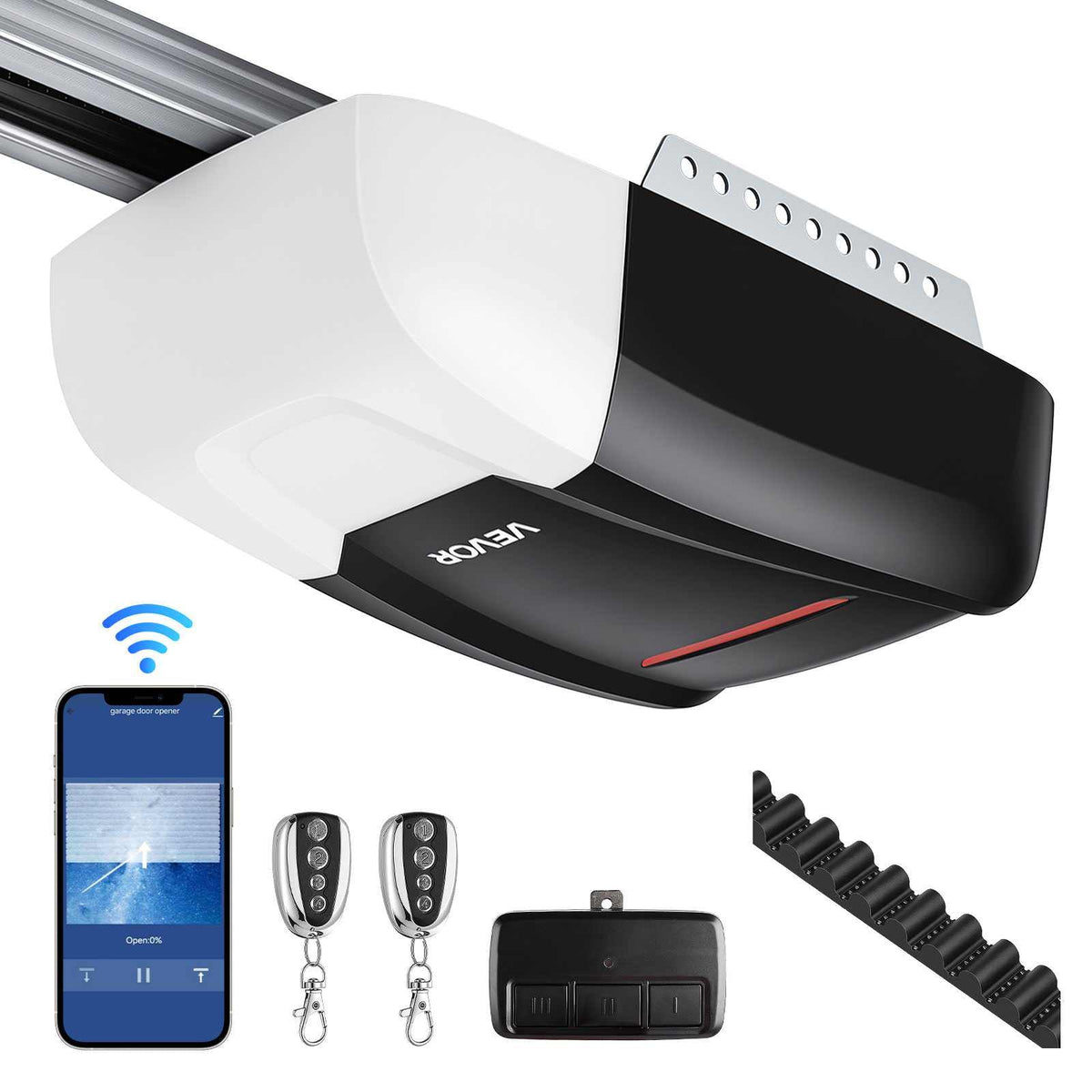 Garage Door Opener 3/4 HP Ultra-Quiet Belt Drive WiFi Smart Opener, for Residential Garage, Includes Durable Rail, 3 Remotes, Smartphone App Control, Obstacle Sensor & LED Light, Black & White