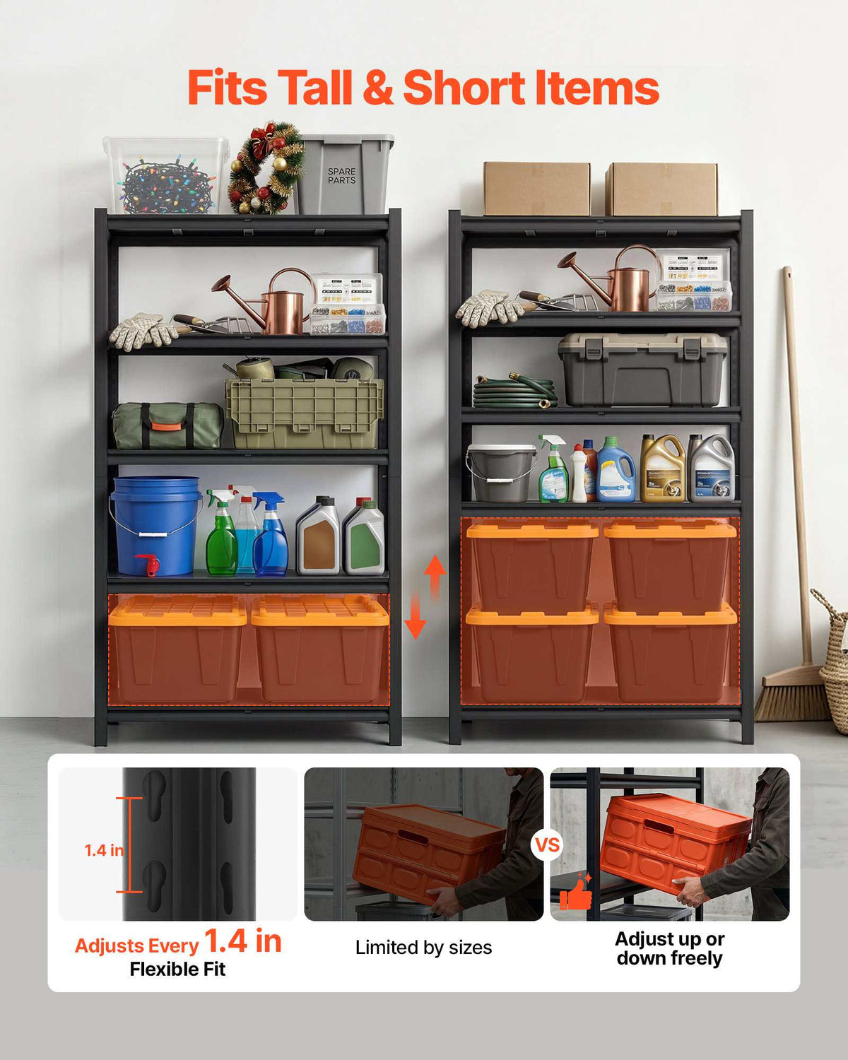 Storage Shelves, 5-Tier Adjustable, 3000 lbs Capacity, Heavy Duty Garage Storage Shelving Unit, Metal Utility Rack Shelf, for Garage Warehouse Basement Kitchen, 40.55" W x 18.31" D x 71.38" H
