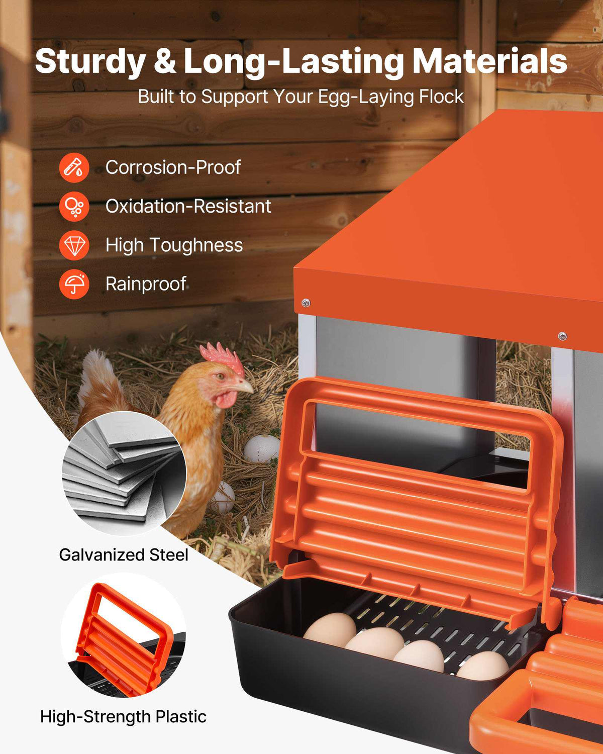 Chicken Nesting Boxes, 2 Compartments, Easy Egg Collection, Wall Mount, Easy to Assemble, Galvanized Steel and High-Strength Plastic, Roll Away Nesting Boxes for Chickens Laying Eggs, Orange