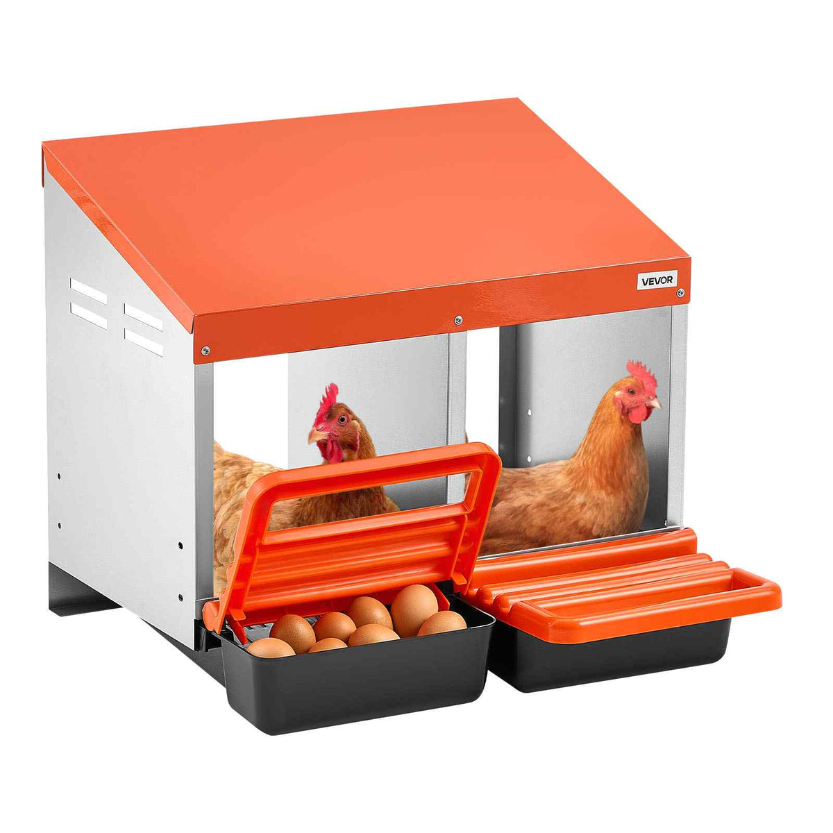 Chicken Nesting Boxes, 2 Compartments, Easy Egg Collection, Wall Mount, Easy to Assemble, Galvanized Steel and High-Strength Plastic, Roll Away Nesting Boxes for Chickens Laying Eggs, Orange