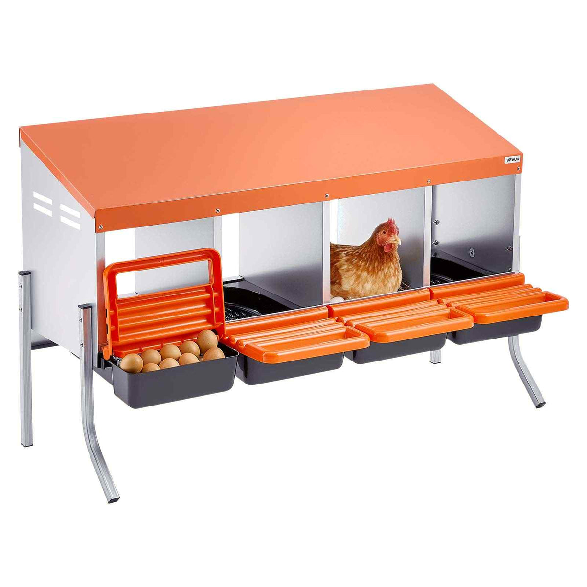 Chicken Nesting Boxes, 4 Compartments, with Support Legs, Easy Egg Collection, Galvanized Steel and High-Strength Plastic, Roll Away Nesting Boxes for Chickens and Hens Laying Eggs, Orange
