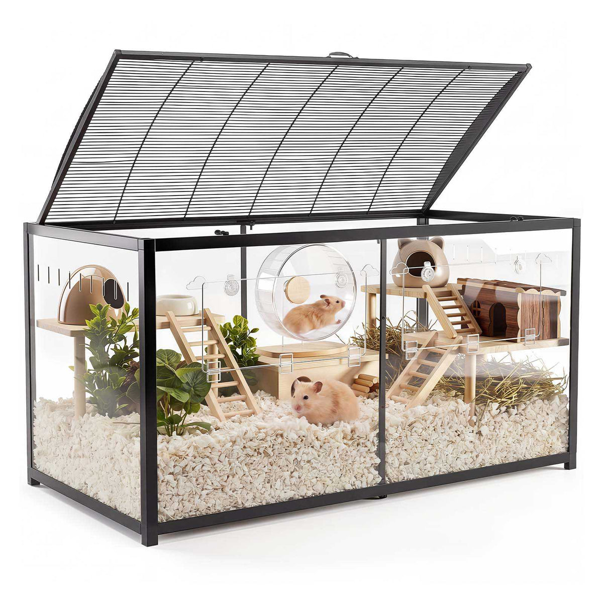 Hamster Cage 47.2"x23.6"x25.4" 360° Viewing Metal Hamster Habitat, Transparent Small Animal Cage with Top Access & Front Door, Large Portable Pet House for Guinea Pig, Gerbil (7.7 ft², Black)