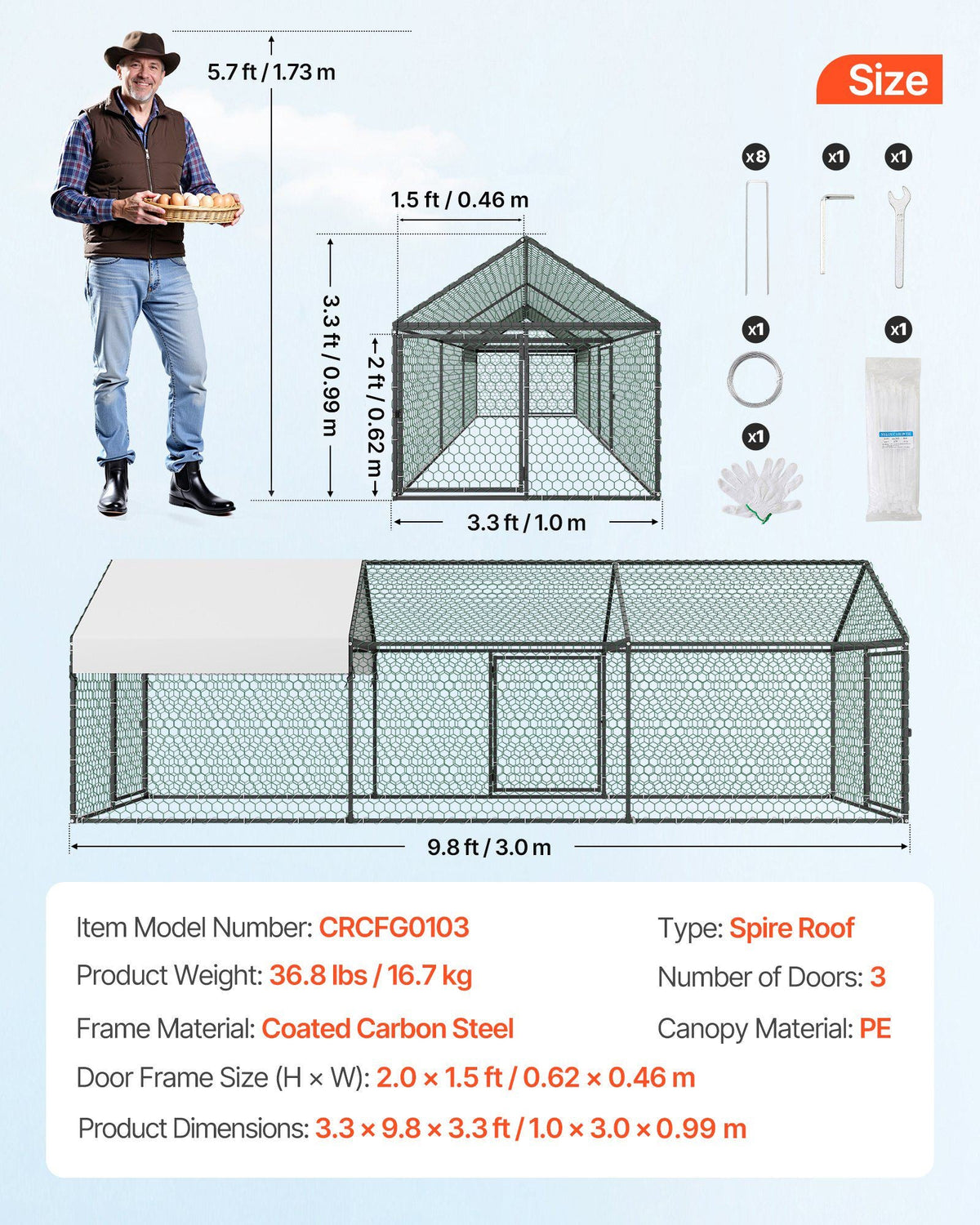 Metal Chicken Coop for 6-8 Chickens 3.3x9.8x3.3 ft Small Chicken Cage, Spire Roof Poultry Run with Waterproof Cover & 3 Doors, Compatible with Wooden Coops, for Rabbit Hen Goose Duck, Backyard