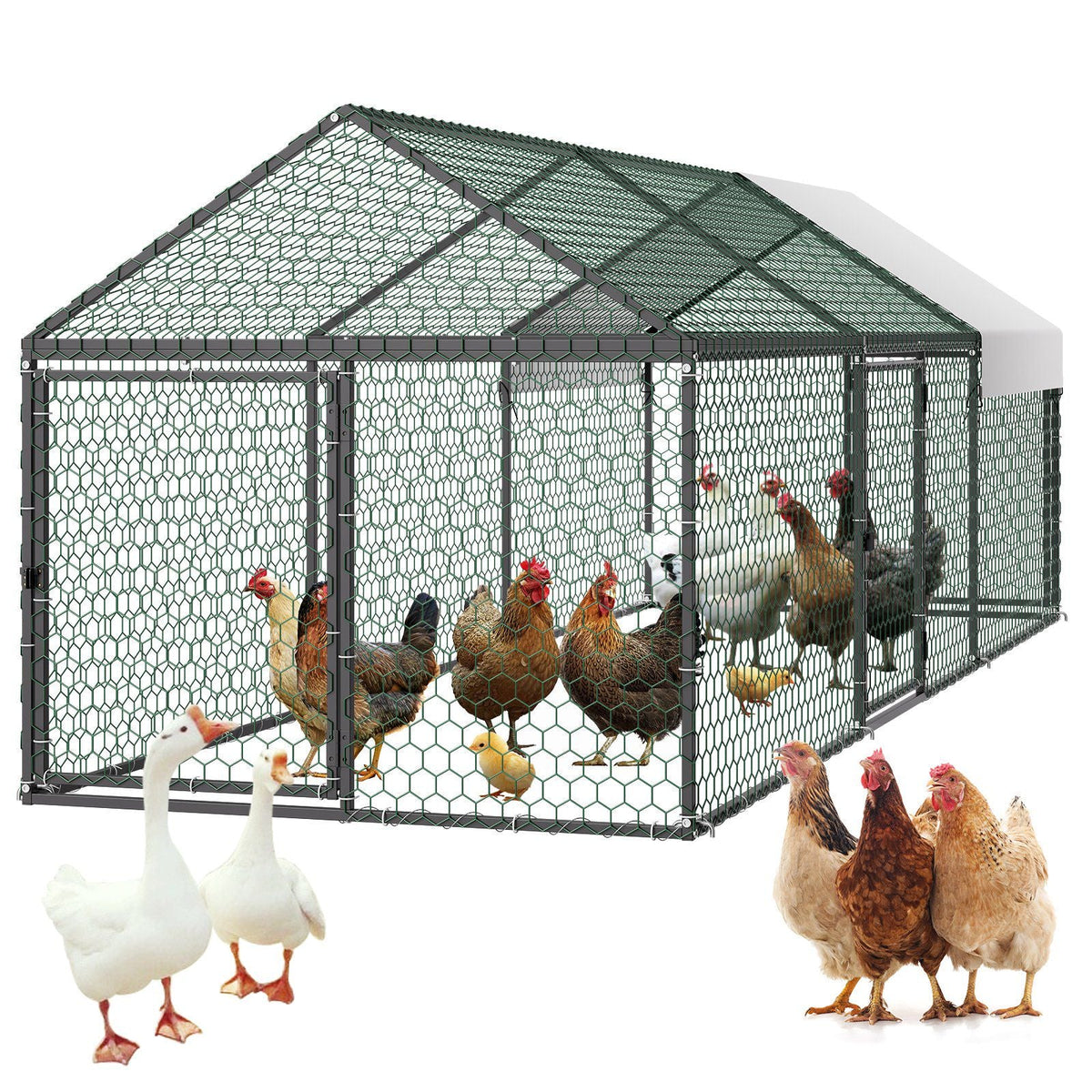 Metal Chicken Coop for 6-8 Chickens 3.3x9.8x3.3 ft Small Chicken Cage, Spire Roof Poultry Run with Waterproof Cover & 3 Doors, Compatible with Wooden Coops, for Rabbit Hen Goose Duck, Backyard