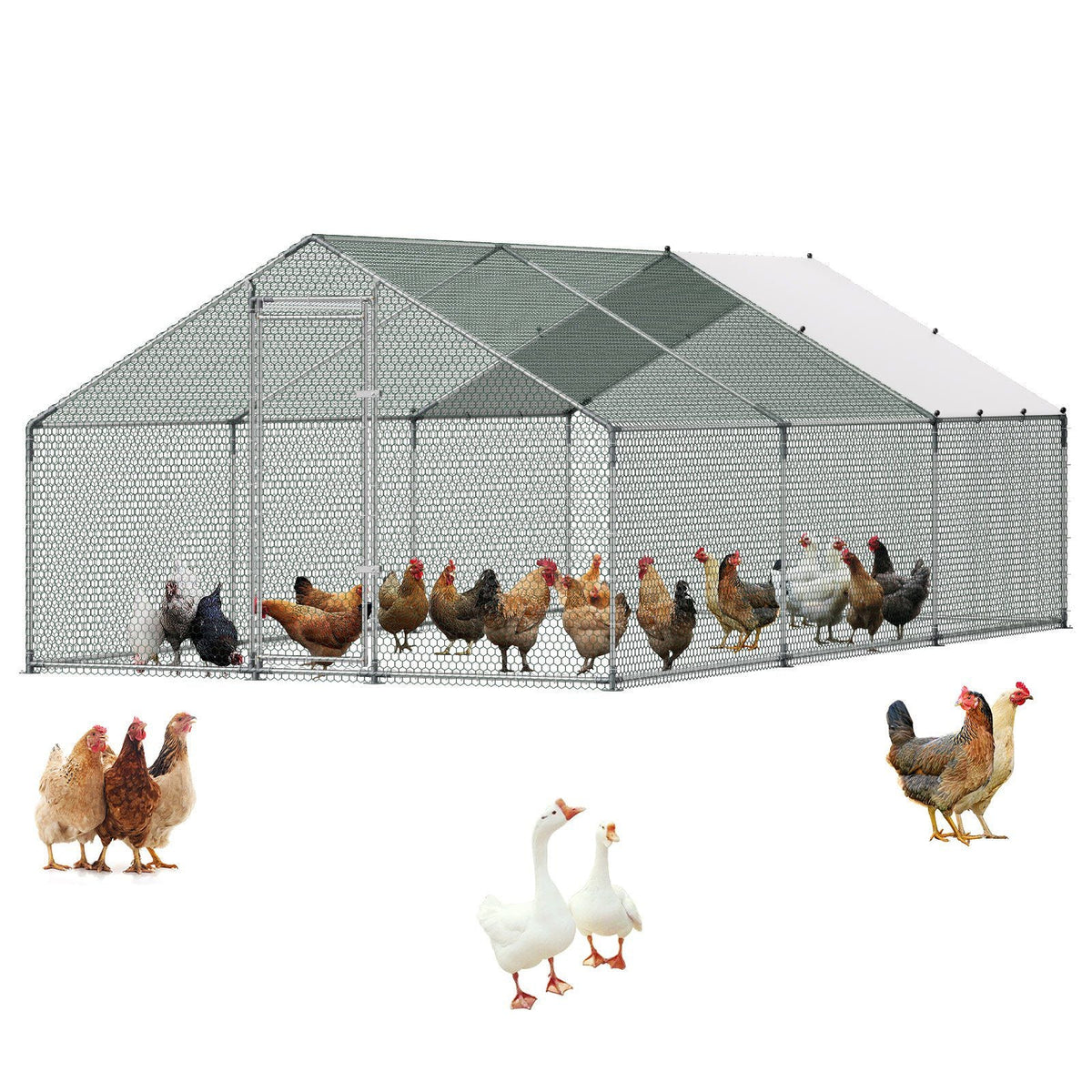 Large Metal Chicken Coop 9.8x19.5x6.6 ft Walk-in Chicken Run House, Spire Roof Hen House Enclosure with Cover and Security Lock, Outdoor Duck Rabbit Cage Poultry Pen for Backyard, Farm, Yard