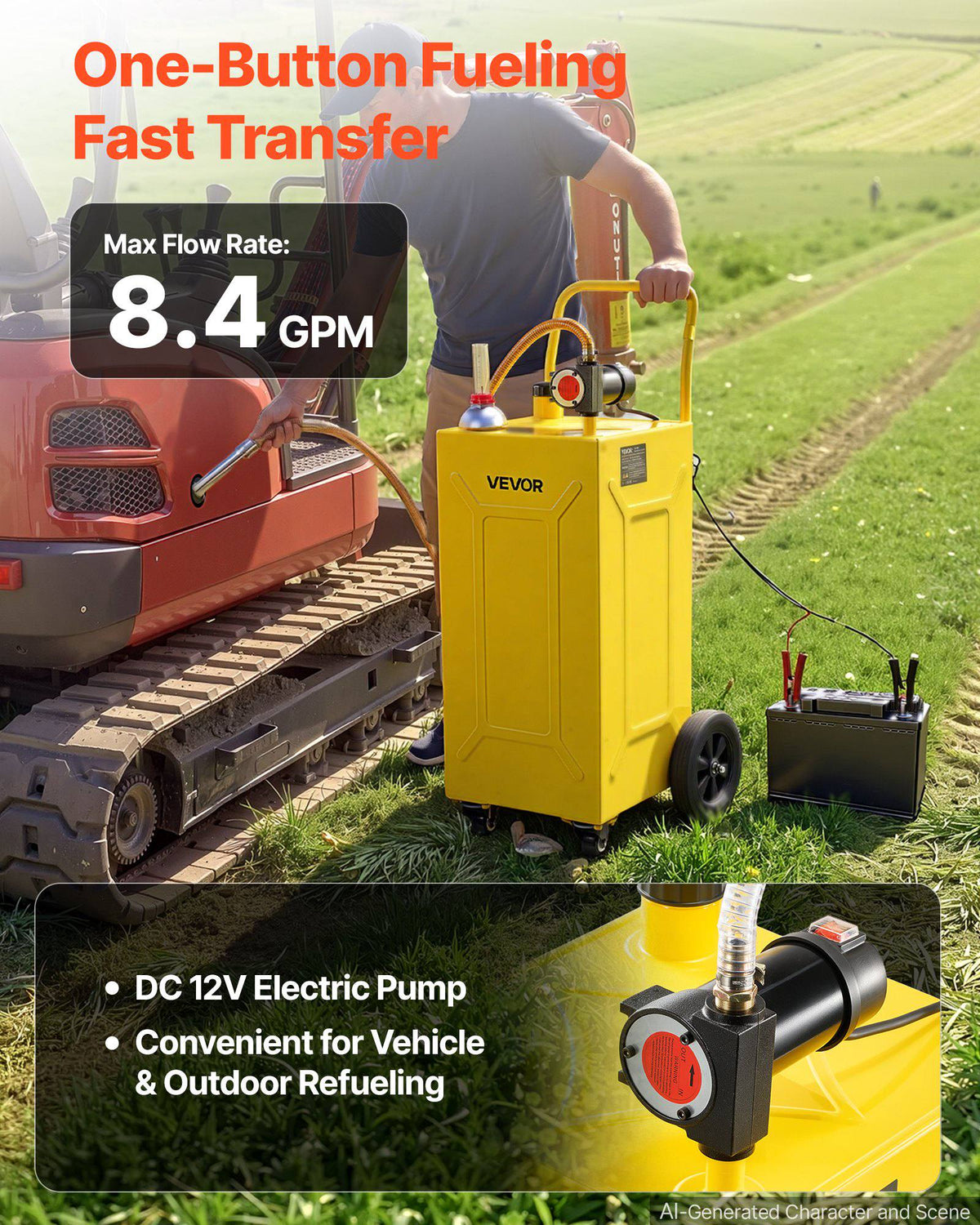 30 Gallon Diesel Caddy, Carbon Steel, Portable Diesel Transfer Storage Tank with Electric Pump, 4 Rolling Wheels, Transfer Can Container, for Tractors, Forklifts, Loaders, Farm Equipment, Yellow