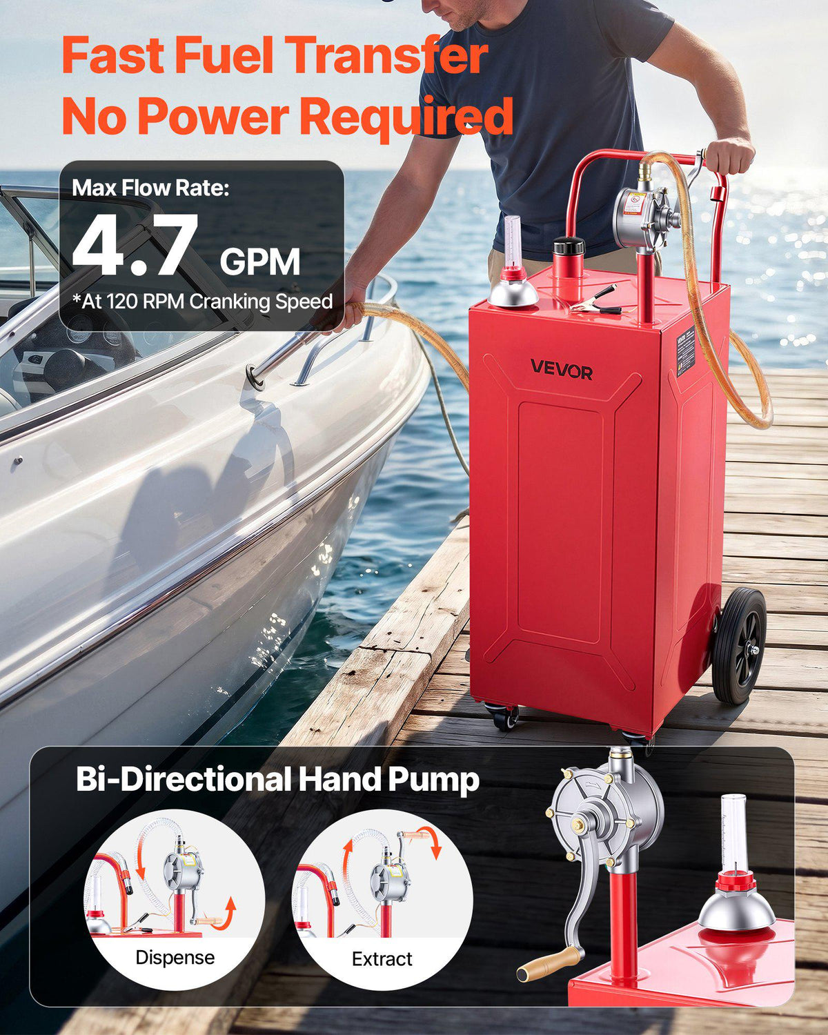 35 Gallon Fuel Gas Caddy, Carbon Steel, Portable Fuel Transfer Storage Tank with Manual Pump and 4 Wheels, Gasoline Diesel Can Container, for Cars, Lawn Mowers, ATVs, Boats, Motorcycles, Red