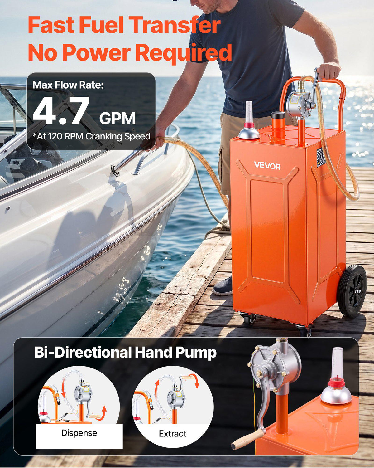 35 Gallon Fuel Gas Caddy, Carbon Steel, Portable Fuel Transfer Storage Tank with Manual Pump & 4 Wheels, Gasoline Diesel Can Container, for Cars, Lawn Mowers, ATVs, Boats, Motorcycles, Orange