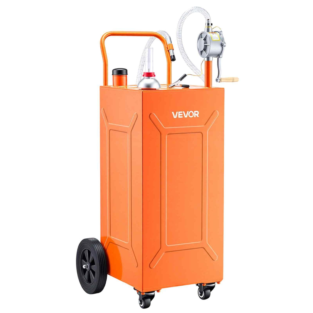 35 Gallon Fuel Gas Caddy, Carbon Steel, Portable Fuel Transfer Storage Tank with Manual Pump & 4 Wheels, Gasoline Diesel Can Container, for Cars, Lawn Mowers, ATVs, Boats, Motorcycles, Orange