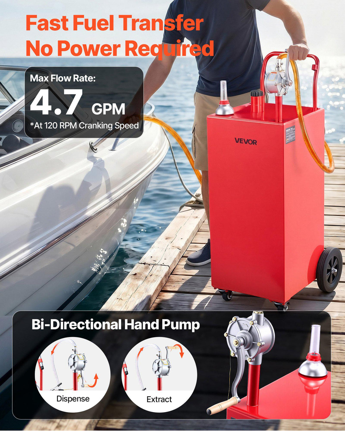 50 Gallon Fuel Gas Caddy, Carbon Steel, Portable Fuel Transfer Storage Tank with Manual Pump and 4 Wheels, Gasoline Diesel Can Container, for Cars, Lawn Mowers, ATVs, Boats, Motorcycles, Red