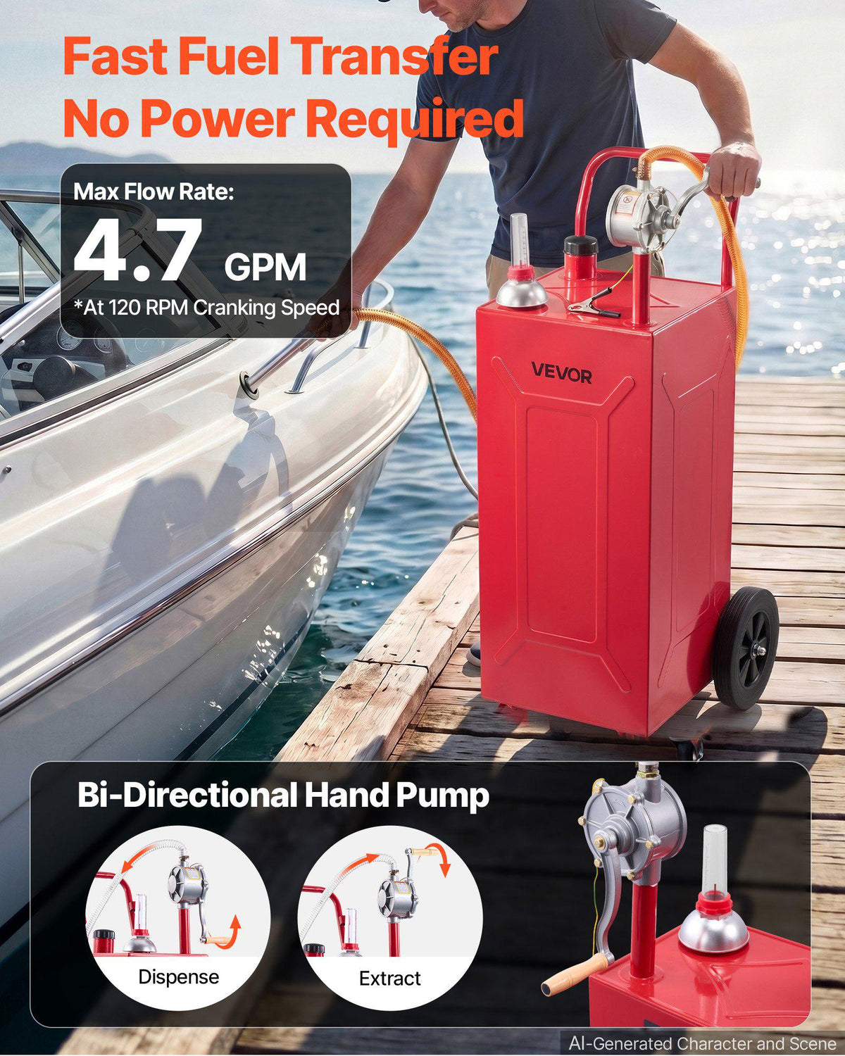 30 Gallon Fuel Gas Caddy, Carbon Steel, Portable Fuel Transfer Storage Tank with Manual Pump & 2 Wheels, Gasoline Diesel Can Container, for Cars, Lawn Mowers, ATVs, Boats, Motorcycles, Red