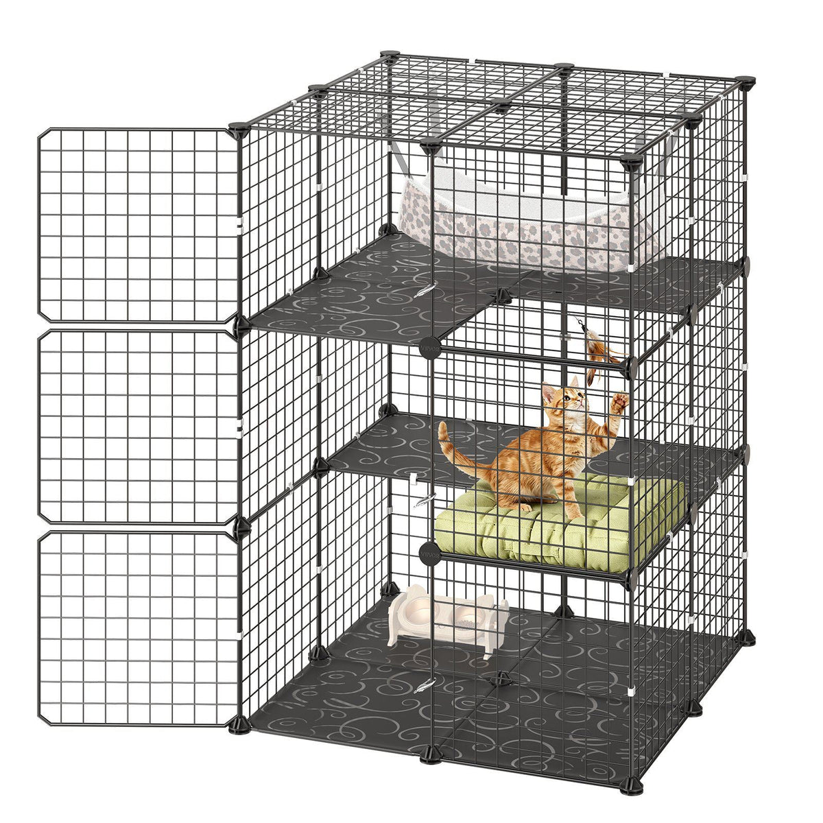 Cat Cage 3-Tier 27.99"x27.99"x40.98" DIY Cat Playpen with Hammock, Indoor Enclosure Detachable Metal Wire Kennel Crate, Large Exercise Place Ideal for 1-2 Cats, Kittens & Small Animals, Black
