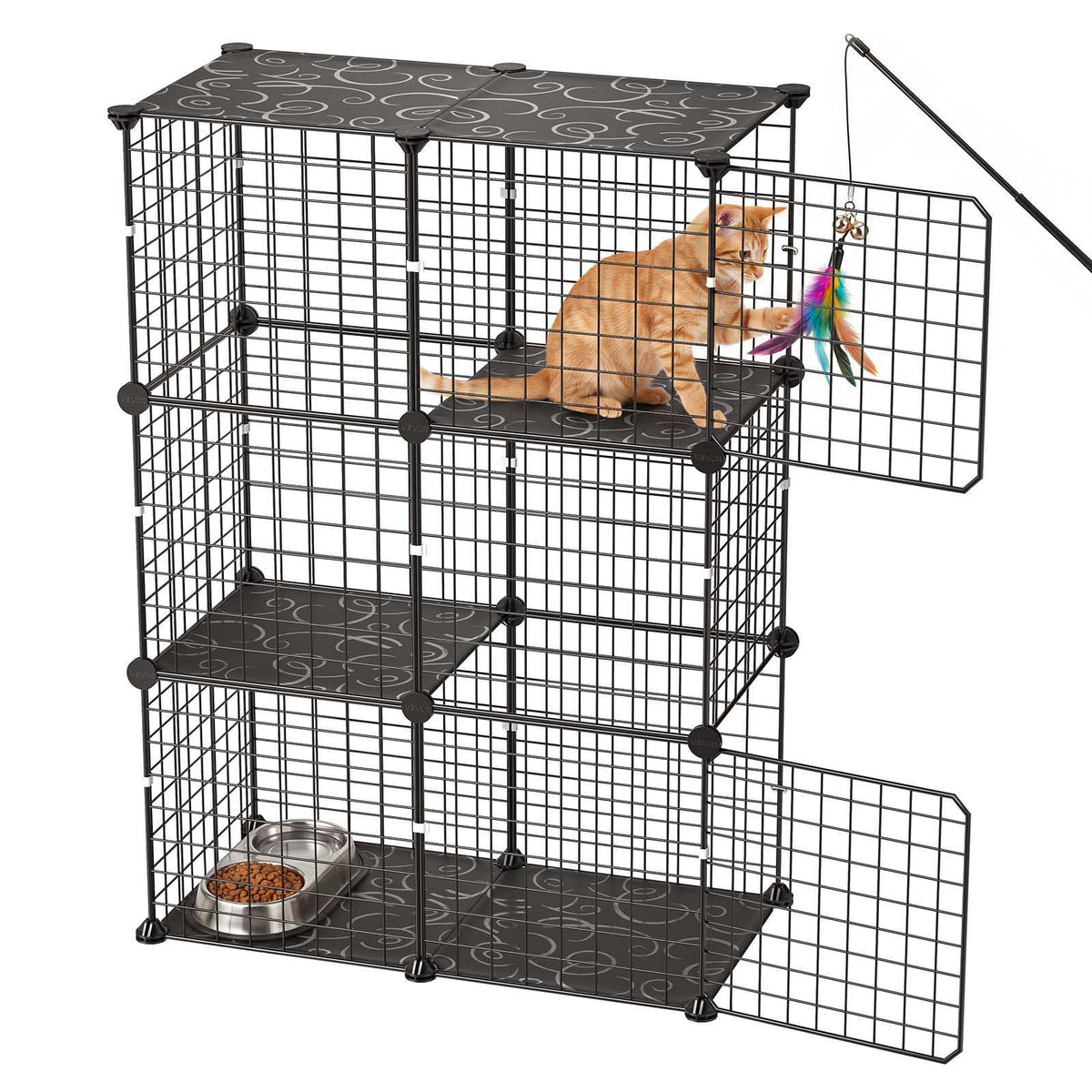 Cat Cage 3-Tier 28"x13.98"x40.98" DIY Cat Playpen Indoor Enclosure, Detachable Metal Wire Kennel Crate, Large Exercise Place Ideal for 1-2 Cats, Kittens, Rabbits, Ferrets & Small Animals, Black
