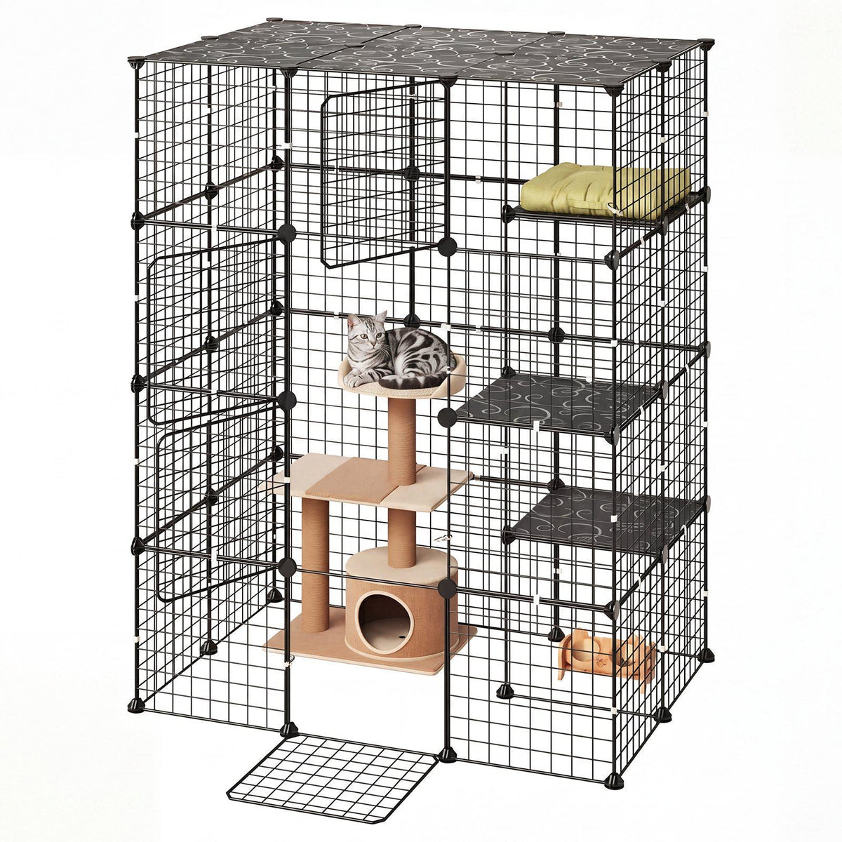 Cat Cage 4-Tier 40.98"x27.99"x55" DIY Cat Playpen Indoor Enclosure, Detachable Metal Wire Kennel Crate with 4 Doors, Large Exercise Place Ideal for 1-2 Cats, Kittens and Small Animals, Black