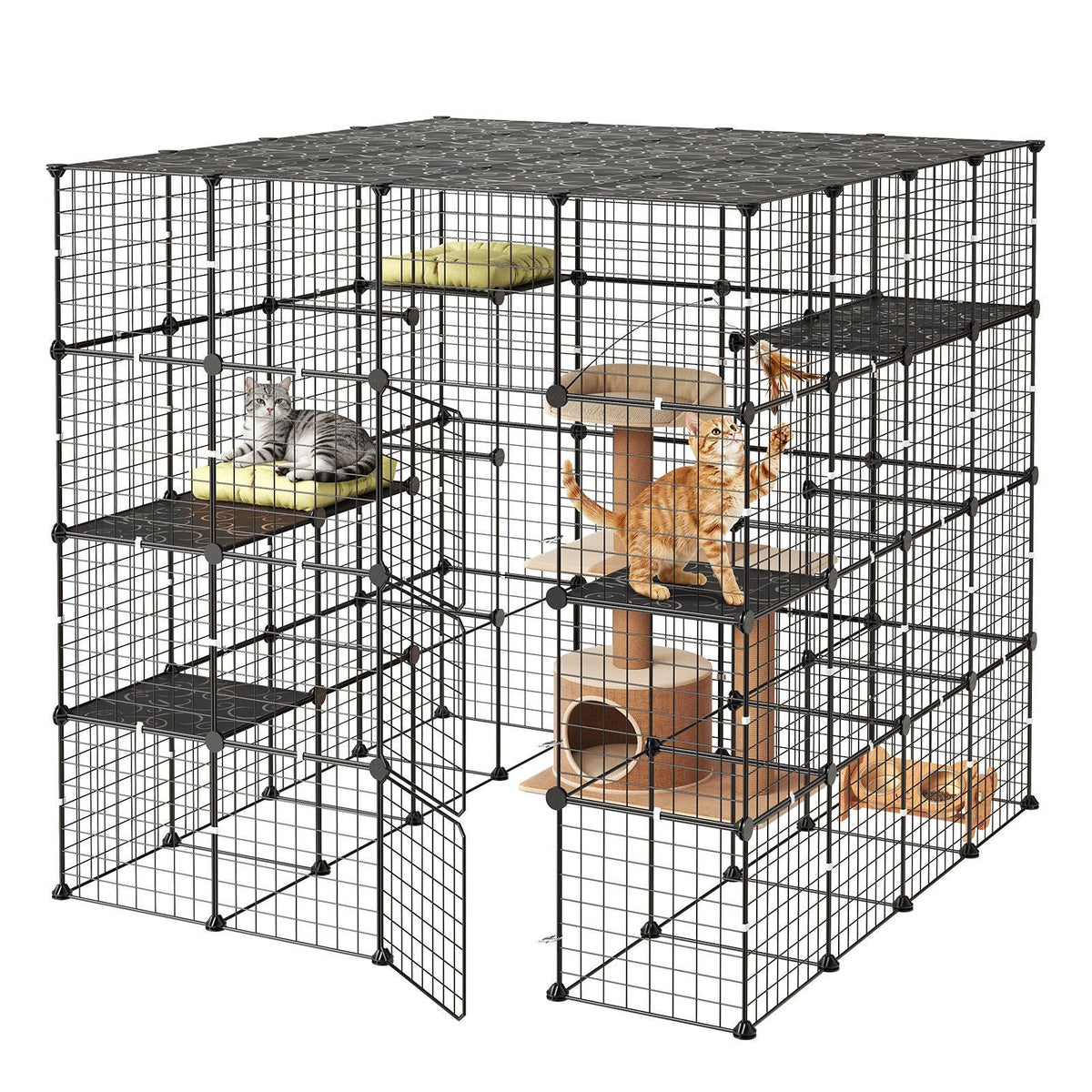 Cat Cage 4-Tier 55"x55"x55" Large DIY Cat Playpen Indoor Enclosure, Detachable Metal Wire Kennel Crate with 3 Doors & Locks, Exercise Place Ideal for 2-3 Cats, Kittens and Small Animals, Black