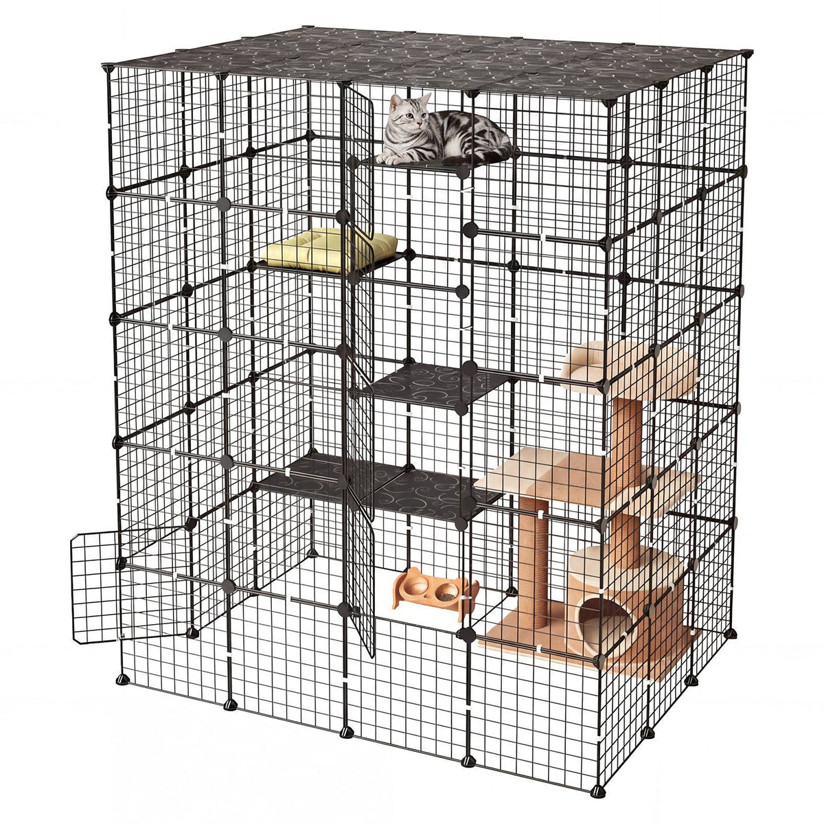 Cat Cage 5-Tier 55"x40.98"x68.98" DIY Cat Playpen Indoor Enclosure, Detachable Metal Wire Kennel Crate with 5 Doors, Large Exercise Place Ideal for 2-3 Cats, Kittens and Small Animals, Black