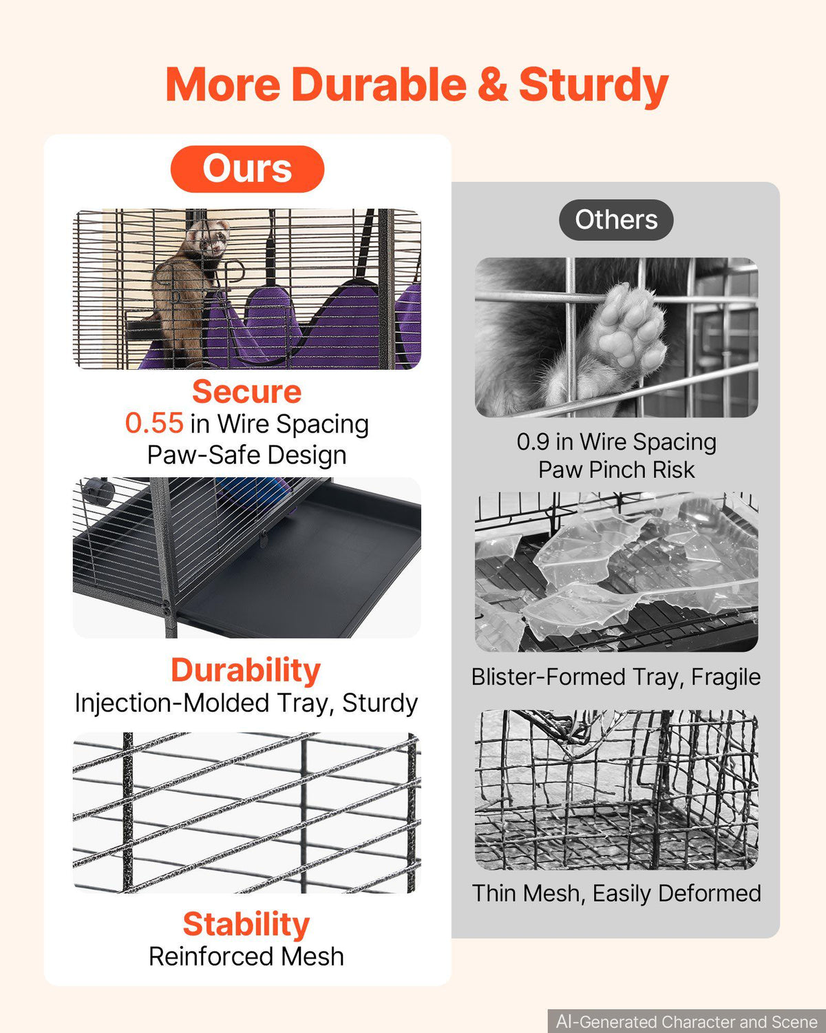Metal Small Animal Cage 44.5"H 4-Tier Rolling Ferret Cage On Wheels, 0.55" Wire Spacing Large Cages with Hammock, Ramps, Tray & Doors for Ferret, Chinchilla, Sugar Glider, Guinea Pig & Rabbit