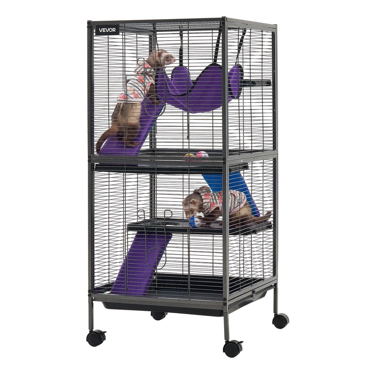 Metal Small Animal Cage 44.5"H 4-Tier Rolling Ferret Cage On Wheels, 0.55" Wire Spacing Large Cages with Hammock, Ramps, Tray & Doors for Ferret, Chinchilla, Sugar Glider, Guinea Pig & Rabbit