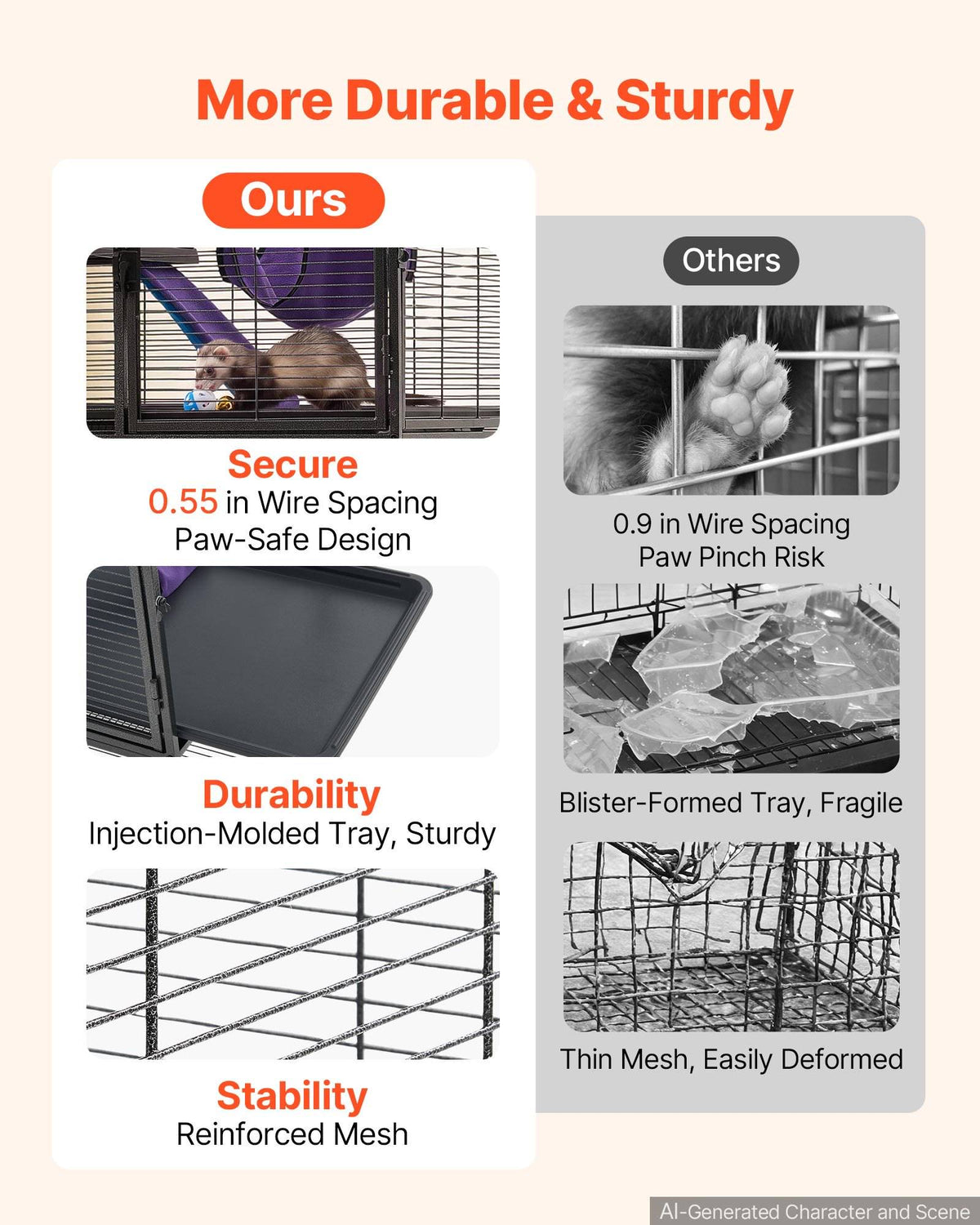 Metal Small Animal Cage 51.2"H 4-Tier Rolling Ferret Cage On Wheels, 0.55" Wire Spacing Large Cages with Hammock, Ramps, Tray & Doors for Ferret, Chinchilla, Sugar Glider, Guinea Pig & Rabbit