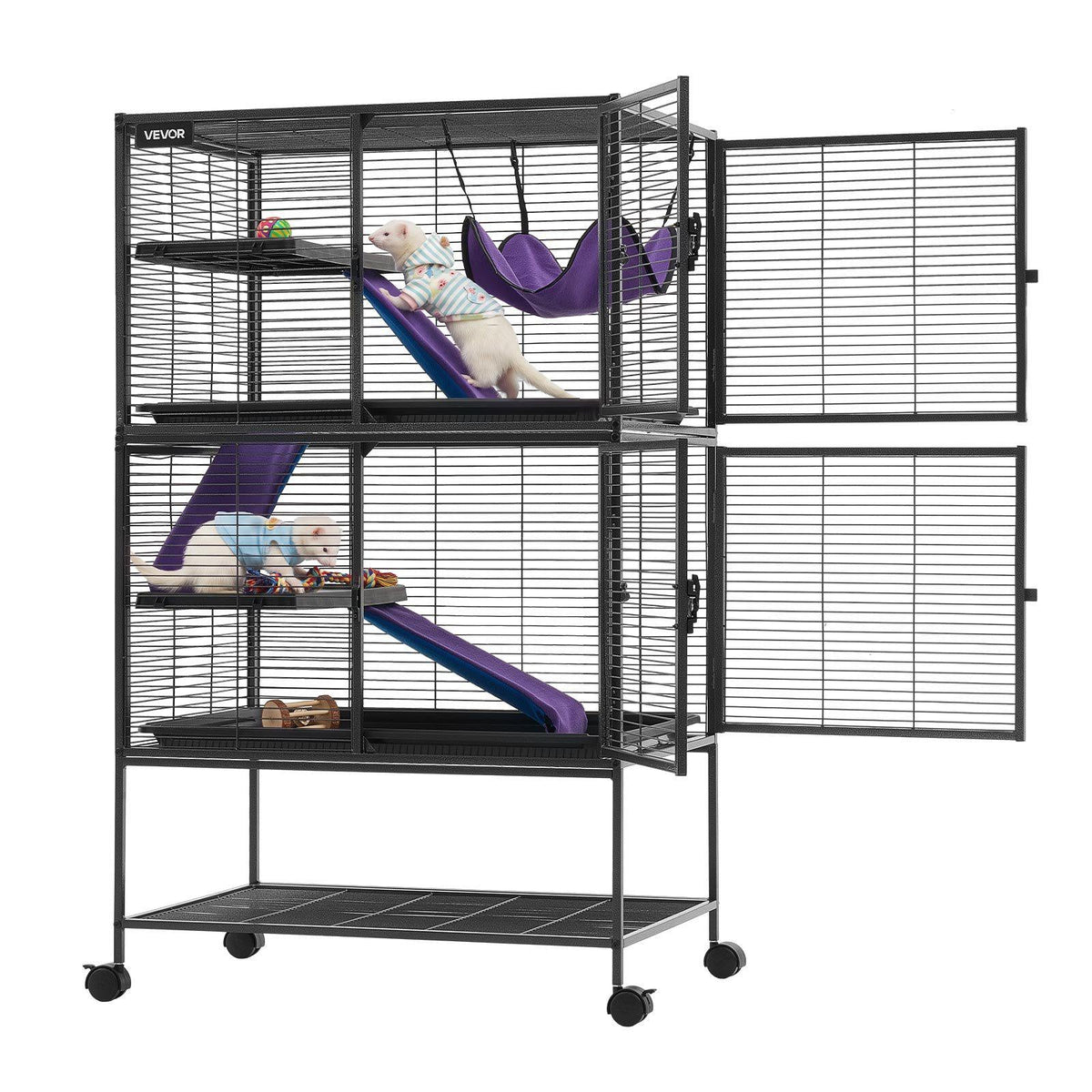 Metal Small Animal Cage 51.2"H 4-Tier Rolling Ferret Cage On Wheels, 0.55" Wire Spacing Large Cages with Hammock, Ramps, Tray & Doors for Ferret, Chinchilla, Sugar Glider, Guinea Pig & Rabbit