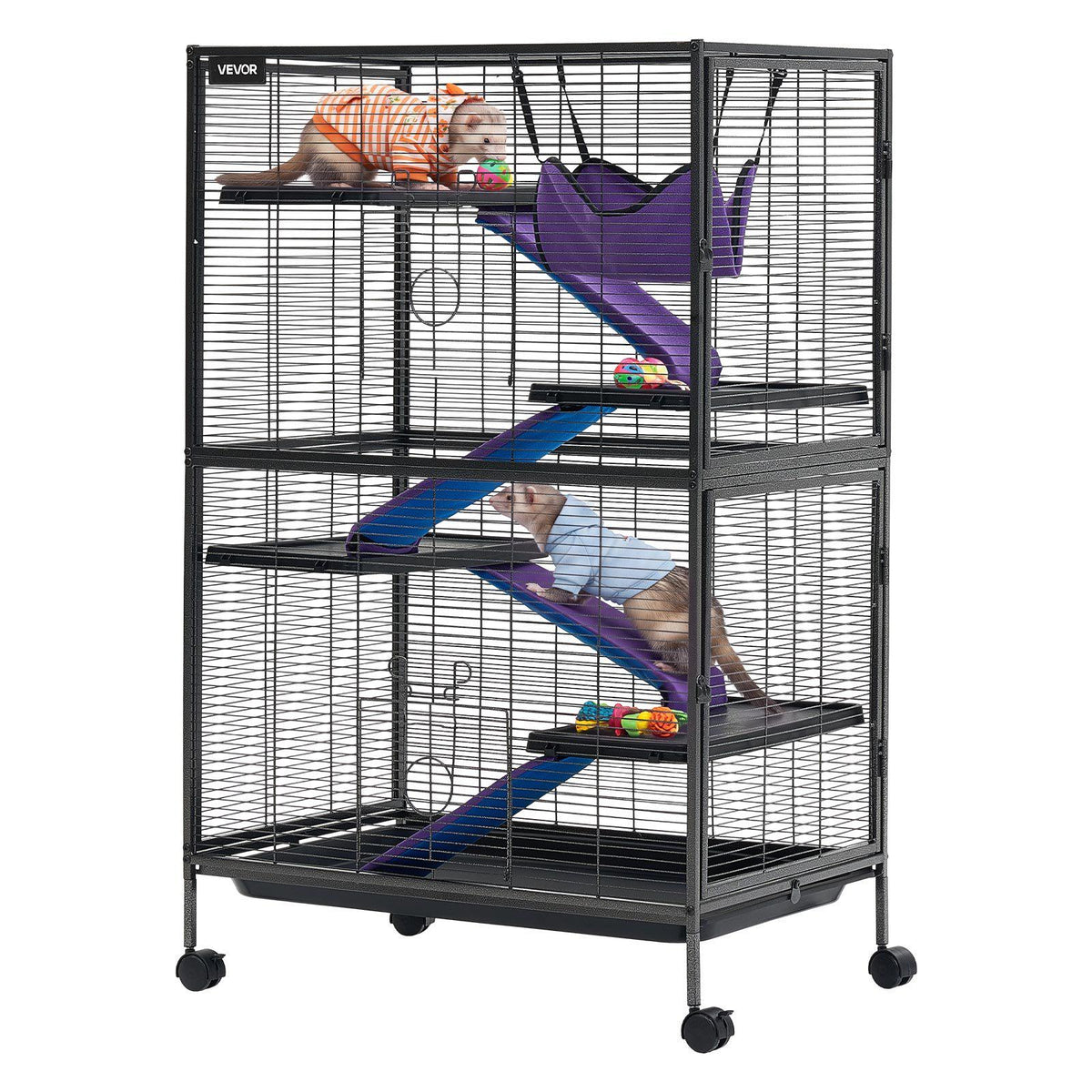 Metal Small Animal Cage 50"H 5-Tier Rolling Ferret Cage On Wheels, 0.55" Wire Spacing Large Cages with Hammock, Ramps, Tray & Doors for Ferret, Chinchilla, Sugar Glider, Guinea Pig & Rabbit