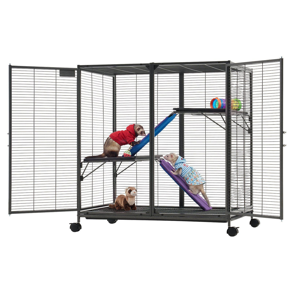 Metal Small Animal Cage 37.8"H 3-Tier Rolling Ferret Cage On Wheels, 0.55" Wire Spacing Large Cages with Ramps, Platform, Tray & Doors for Ferret, Chinchilla, Sugar Glider, Guinea Pig & Rabbit