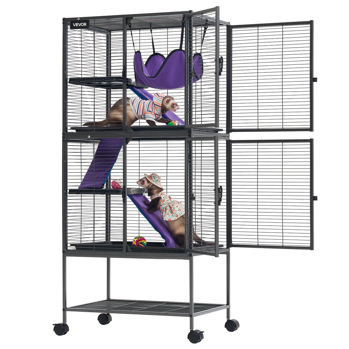 Metal Small Animal Cage 54.3"H 4-Tier Rolling Ferret Cage On Wheels, 0.55" Wire Spacing Large Cages with Hammock, Ramps, Tray & Doors for Ferret, Chinchilla, Sugar Glider, Guinea Pig & Rabbit