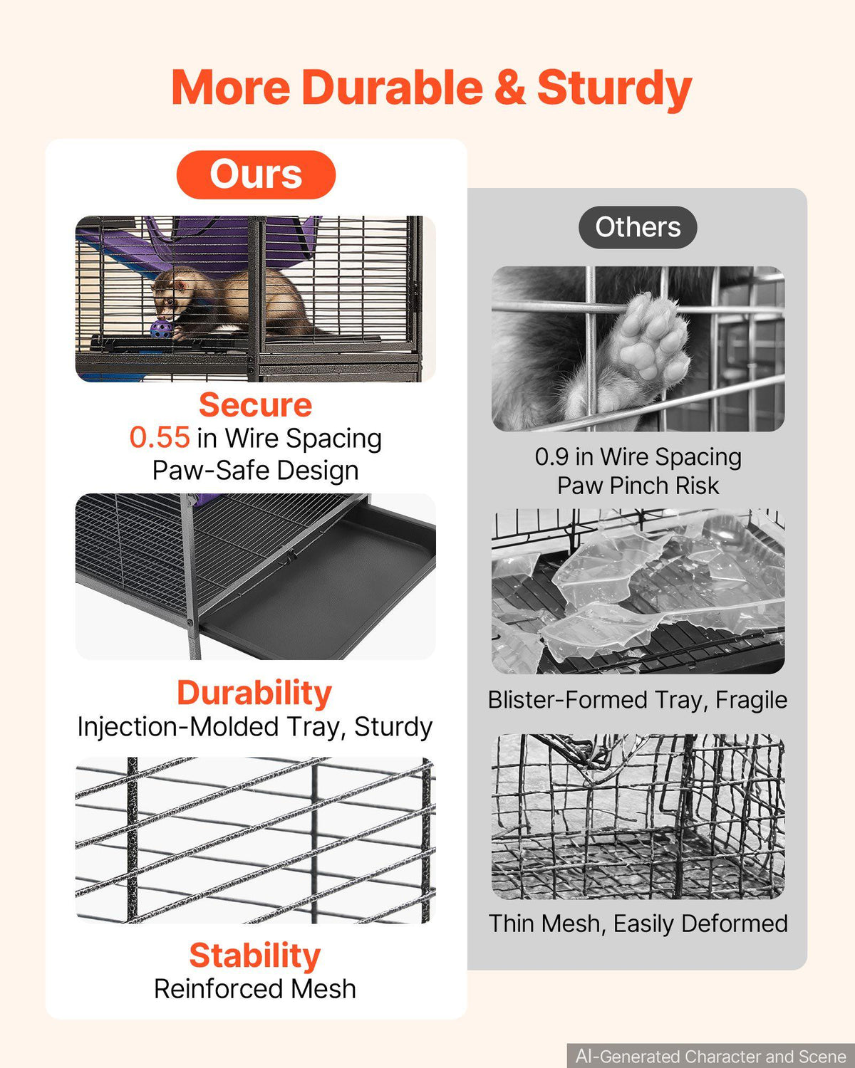 Metal Small Animal Cage 58.7"H 6-Tier Rolling Ferret Cage On Wheels, 0.55" Wire Spacing Large Cages with Hammock, Ramps, Tray & Doors for Ferret, Chinchilla, Sugar Glider, Guinea Pig & Rabbit
