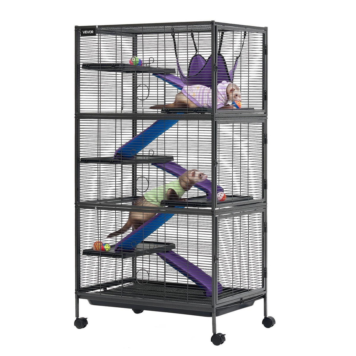 Metal Small Animal Cage 58.7"H 6-Tier Rolling Ferret Cage On Wheels, 0.55" Wire Spacing Large Cages with Hammock, Ramps, Tray & Doors for Ferret, Chinchilla, Sugar Glider, Guinea Pig & Rabbit