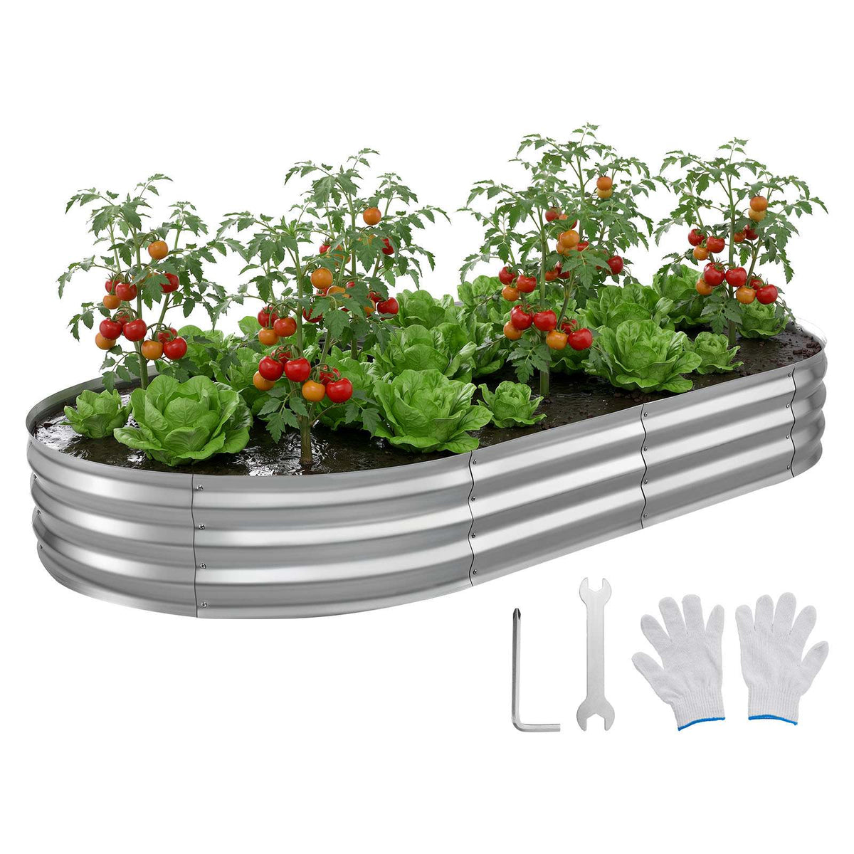 Galvanized Raised Garden Bed, 8 x 4 x 1 ft, Oval Metal Planter Box Kit Outdoor, Bottomless Elevated Garden Box with Gloves, Rustproof Alu-Zinc, for Planting Flowers Fruits Vegetables, Silver