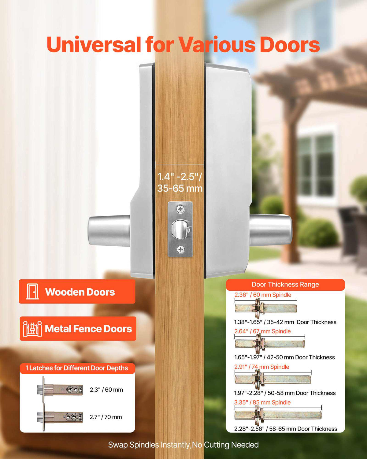 Mechanical Keyless Entry Door Lock, 2.0 Code Upgrade, 5 Digits Code, Single-Sided Push Button Combination Keypad Door Lock with Handle, Auto Locking, for Garden Gates, Indoor or Outdoor, Silver