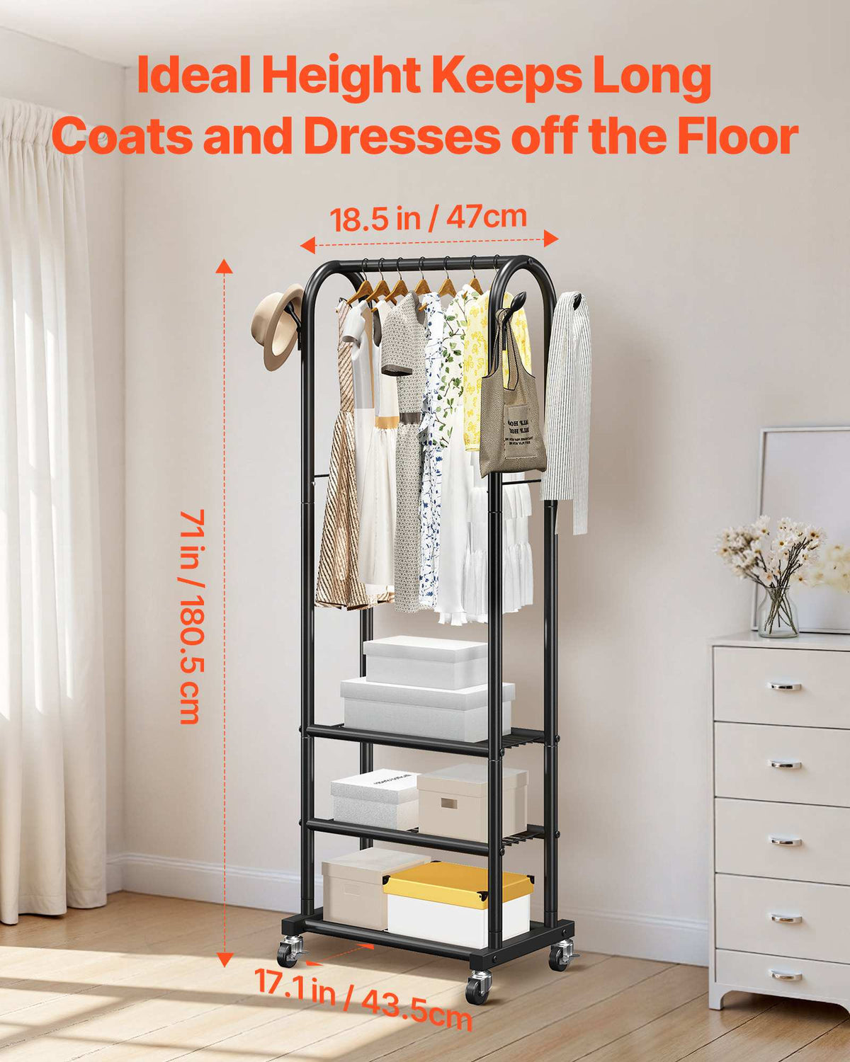 Clothes Rack, Rolling Clothing Garment Rack with Hanging Rod and Side Hooks, 3 Storage Shelves, 99 lbs Load Capacity, Heavy Duty Carbon Steel Clothing Racks for Bedroom, Laundry, Living Room