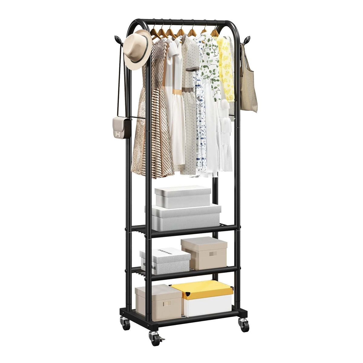 Clothes Rack, Rolling Clothing Garment Rack with Hanging Rod and Side Hooks, 3 Storage Shelves, 99 lbs Load Capacity, Heavy Duty Carbon Steel Clothing Racks for Bedroom, Laundry, Living Room