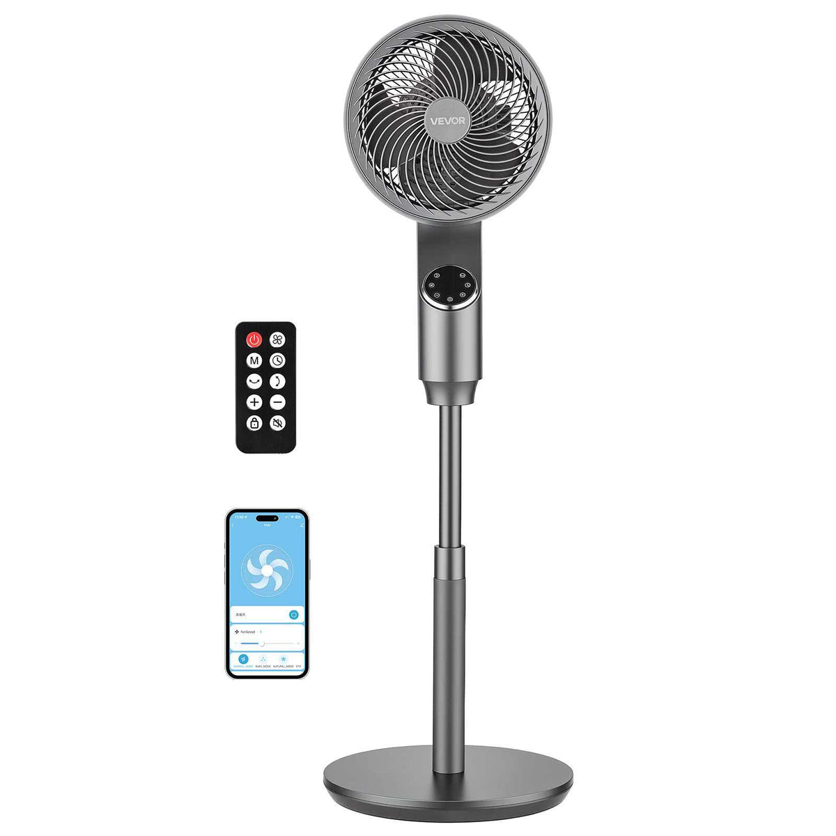 9-Inch Pedestal Fan, 80° Oscillating Standing Floor Fan with Quite DC Motor, Remote Control, 9 Speeds & 4 Smart Modes, 24H Timer, Adjustable Height, for Home, Bedroom, Living Room, Silver Gray