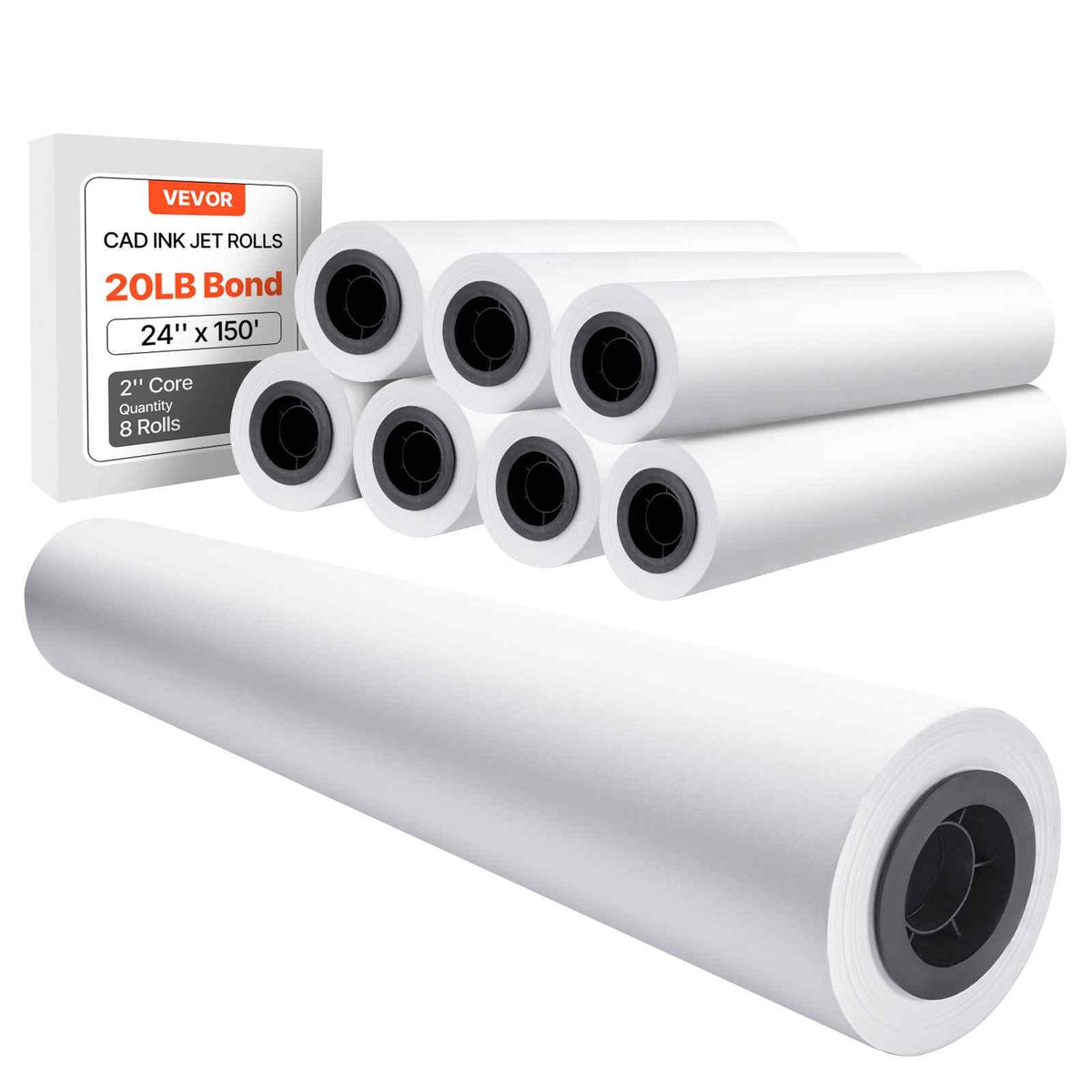Wide Format Paper, 24 in x 150 ft Plotter Roll, 8 Rolls CAD Bond Rolls with 2 in Core, 20 LB Bond Paper Rolls, Ideal for CAD Drawings, Engineering Plans, GIS Maps, and Architectural Designs