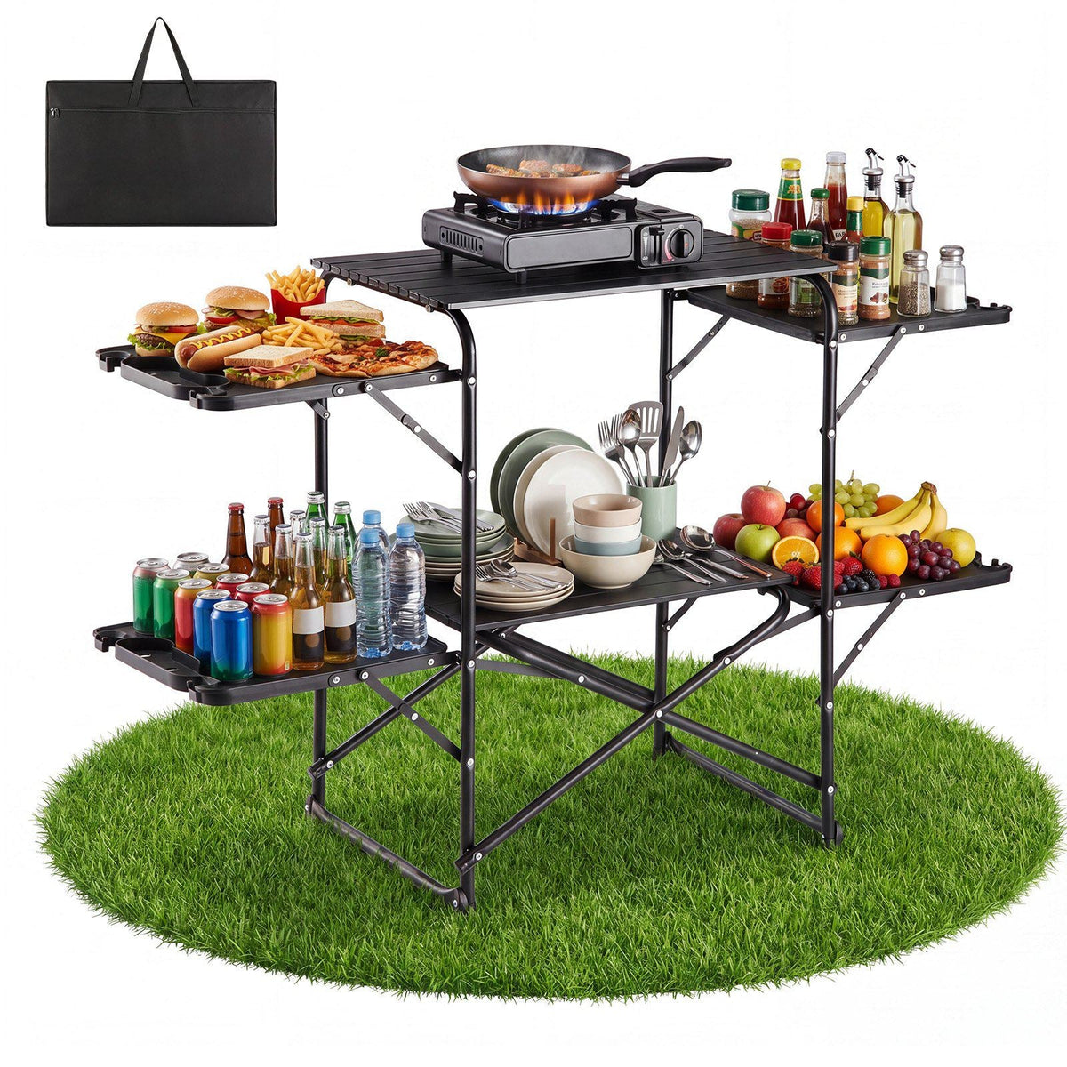 Camping Kitchen Table, Slim-Fold Cook Station, Portable Folding Table, with 4 Side Tables, Heat Resistant Tabletop, and Carrying Bag, Ideal for Outdoor Picnics, BBQs, Camping, RV Traveling