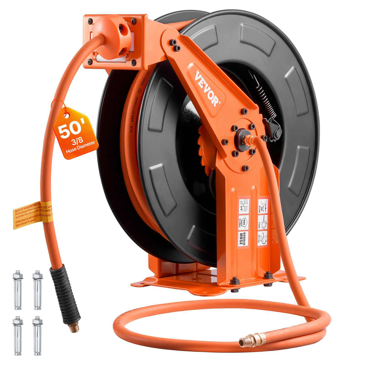 Retractable Air Hose Reel, 3/8 Inch x 50 FT Rubber Air Hose Max 300PSI, Auto Rewind Air-Compressor Hoses Reel with 5 ft Lead in, Ceiling/Wall Mount Heavy Duty Steel Double Arm