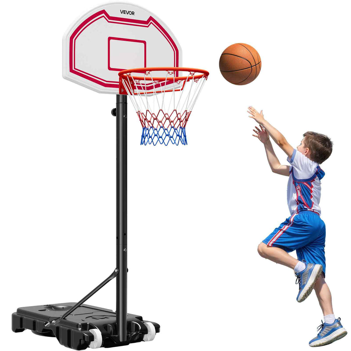 Portable Basketball Stand, 5.2 to 6.9 ft Height Adjustment Basketball Hoop & Goal, Kids Adjustable Basketballs Hoop with Nylon Net & Rolling Wheels, Portable Backboard Set for Patios, Poolside