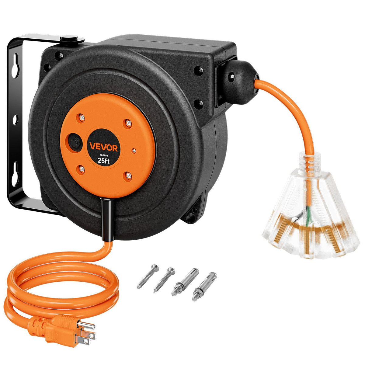 Retractable Extension Cord Reel 25FT Heavy Duty 14AWG/3C SJTOW Orange, for Ceiling/Wall Mount, 13A Circuit Breaker, Automatic Retractable Power Cord, Lighted Triple Tap, with 180° Swivel Bracket