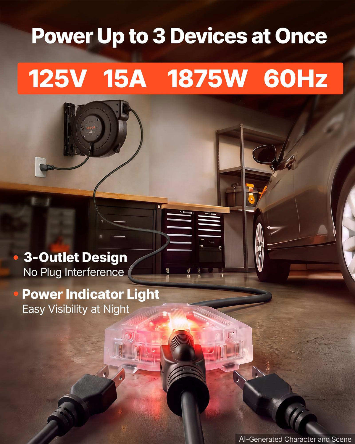 Retractable Extension Cord Reel 45FT Heavy Duty 12AWG/3C SJTOW Black, for Ceiling/Wall Mount, 15A Circuit Breaker, Automatic Retractable Power Cord, Lighted Triple Tap, with 180° Swivel Bracket