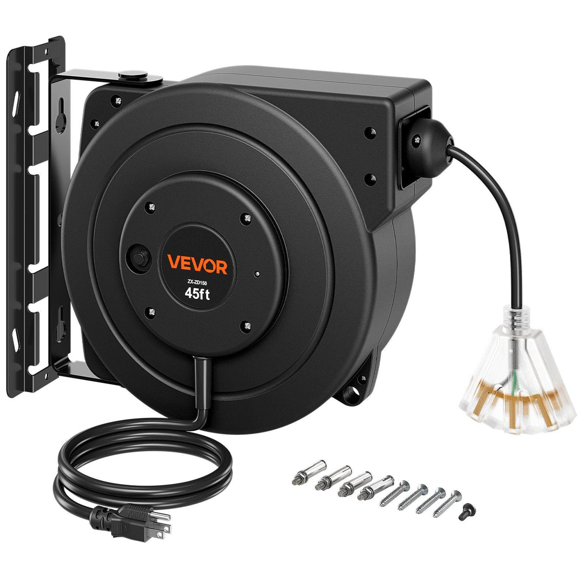 Retractable Extension Cord Reel 45FT Heavy Duty 12AWG/3C SJTOW Black, for Ceiling/Wall Mount, 15A Circuit Breaker, Automatic Retractable Power Cord, Lighted Triple Tap, with 180° Swivel Bracket