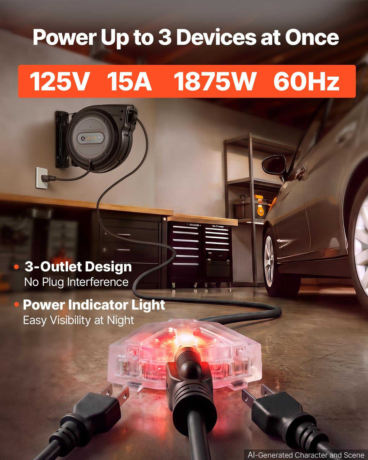 Retractable Extension Cord Reel 80FT Heavy Duty 12AWG/3C SJTOW Black, for Ceiling/Wall Mount, 15A Circuit Breaker, Automatic Retractable Power Cord, Lighted Triple Tap, with 180° Swivel Bracket