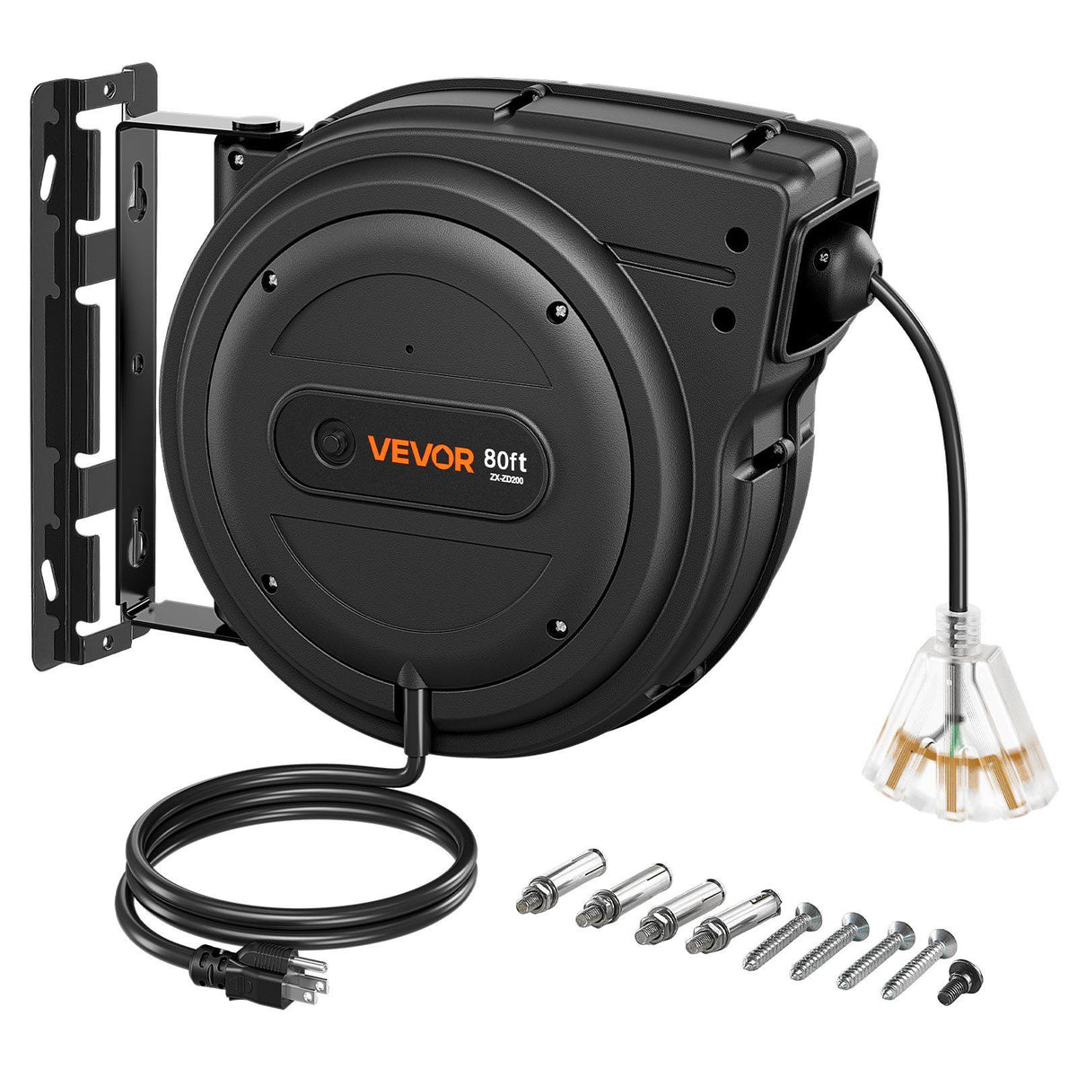 Retractable Extension Cord Reel 80FT Heavy Duty 12AWG/3C SJTOW Black, for Ceiling/Wall Mount, 15A Circuit Breaker, Automatic Retractable Power Cord, Lighted Triple Tap, with 180° Swivel Bracket
